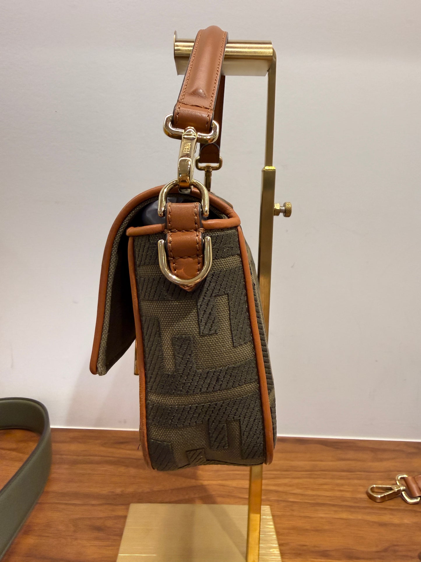 Fendi Baguette Monogram in Khaki and Brown Monogram with Extra Leather Strap Pre-Owned