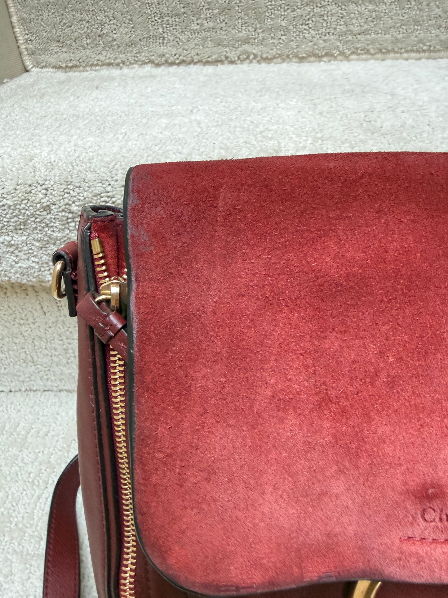 Chloe Suede Calfskin Medium Faye Backpack in Burgundy Pre-Owned