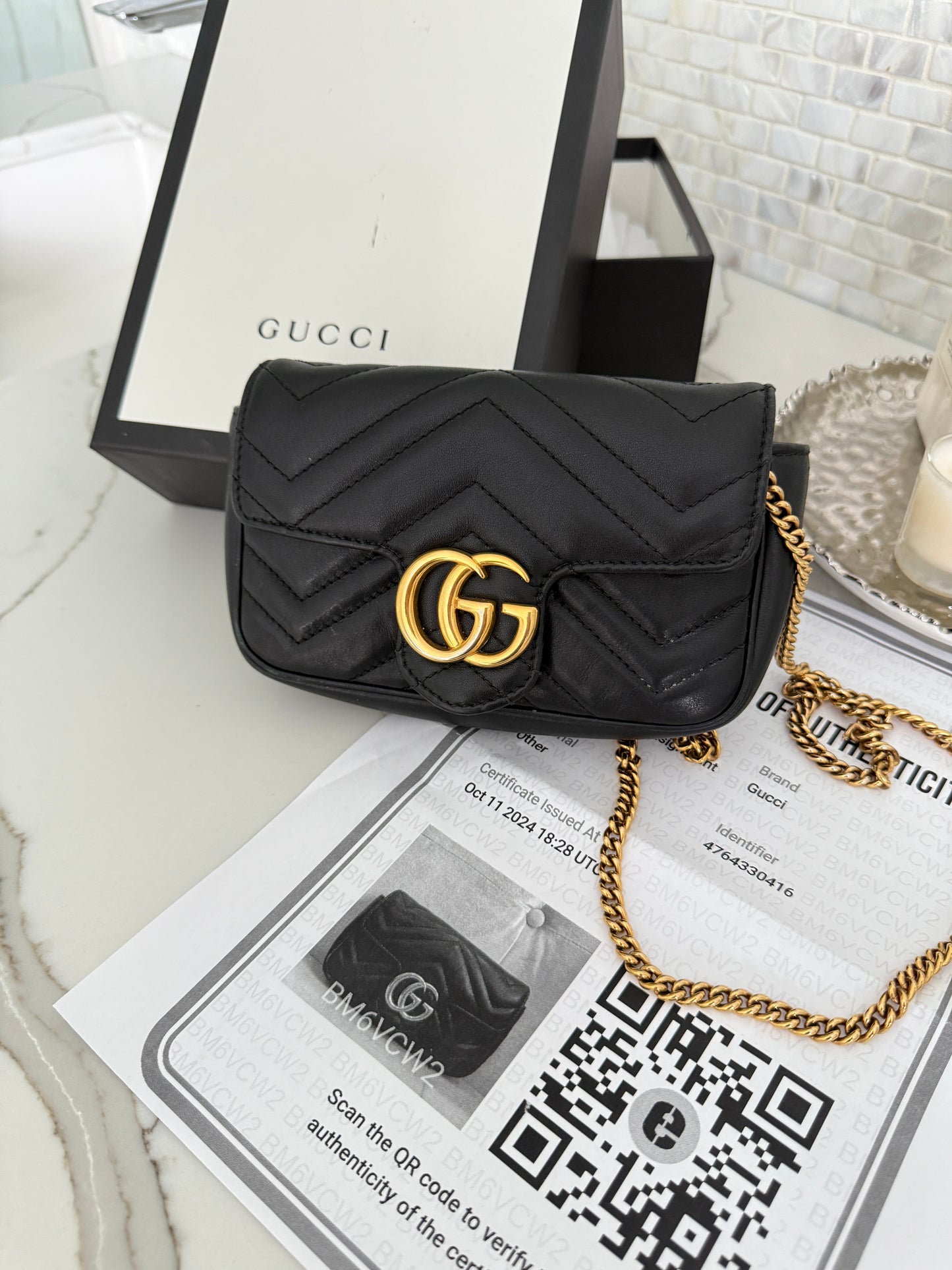 Gucci Calfskin Matelasse Super Mini GG Marmont Shoulder Bag Black