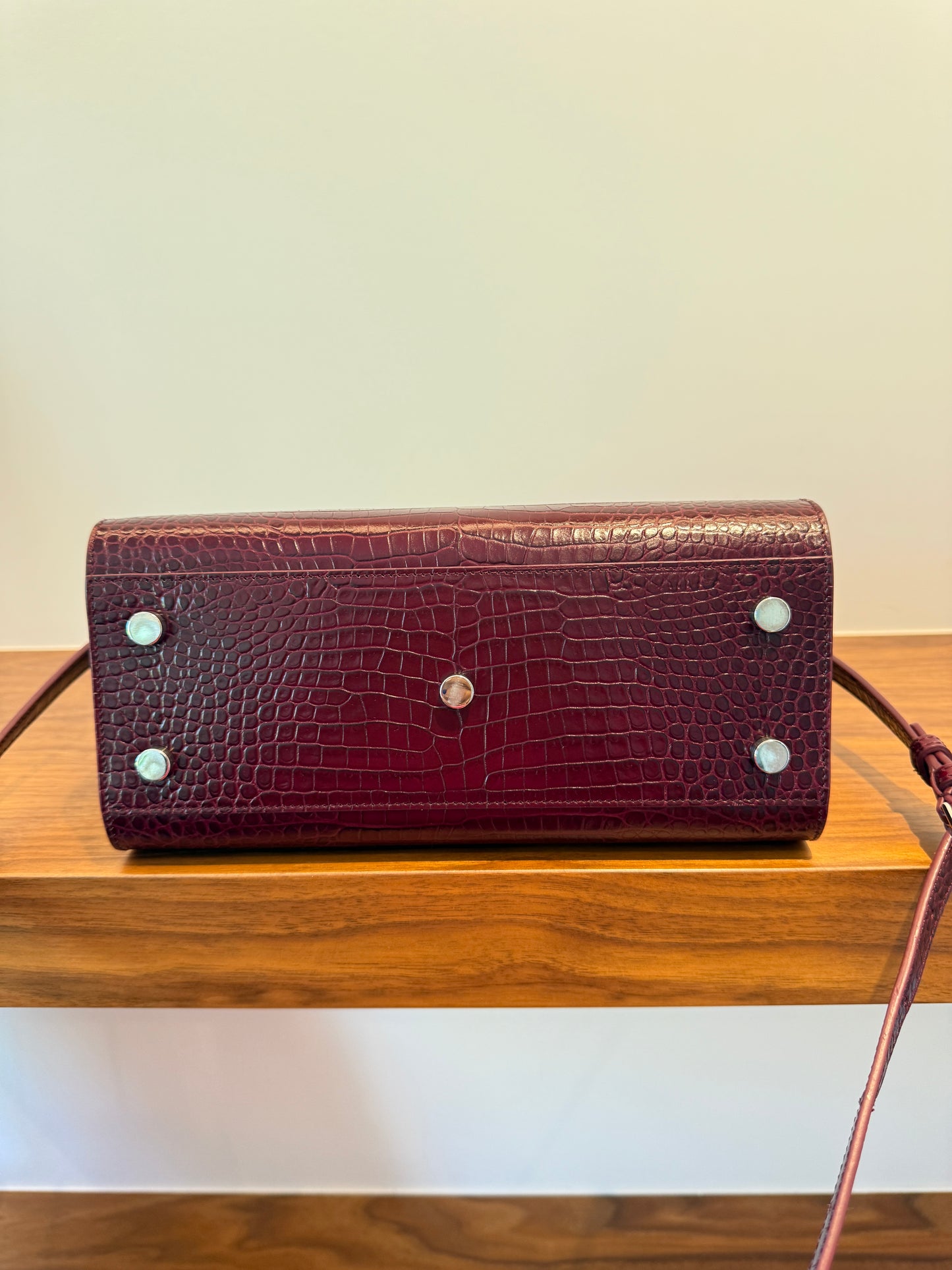 YSL St Laurent Burgundy Crocodile Embossed Leather Nano Sac De Jour w/ Strap