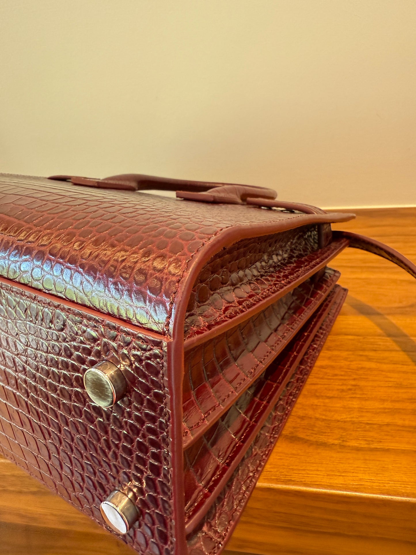 YSL St Laurent Burgundy Crocodile Embossed Leather Nano Sac De Jour w/ Strap