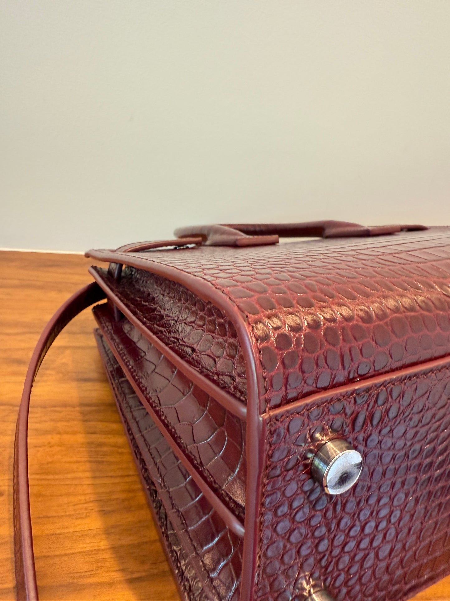 YSL St Laurent Burgundy Crocodile Embossed Leather Nano Sac De Jour w/ Strap