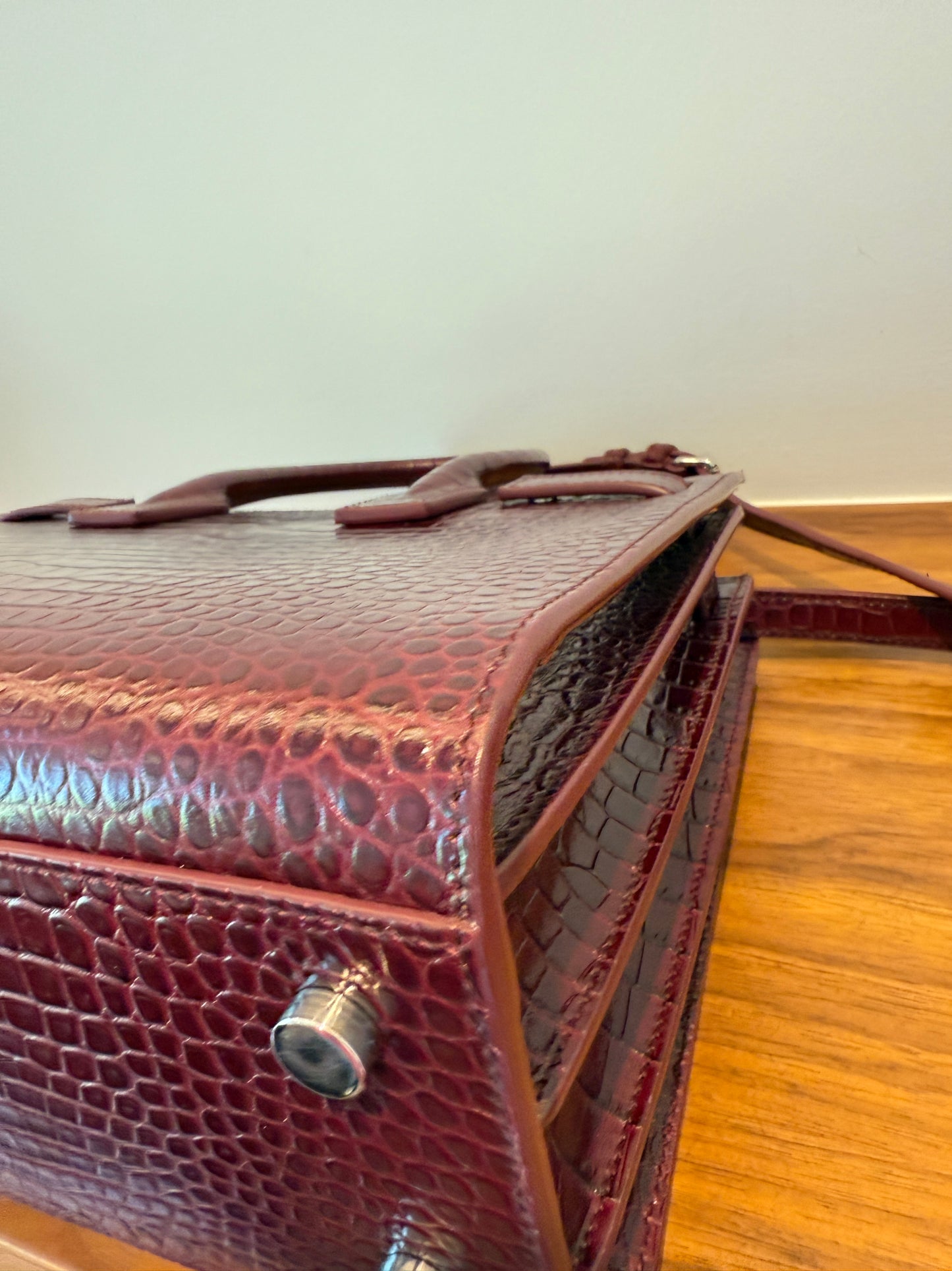 YSL St Laurent Burgundy Crocodile Embossed Leather Nano Sac De Jour w/ Strap
