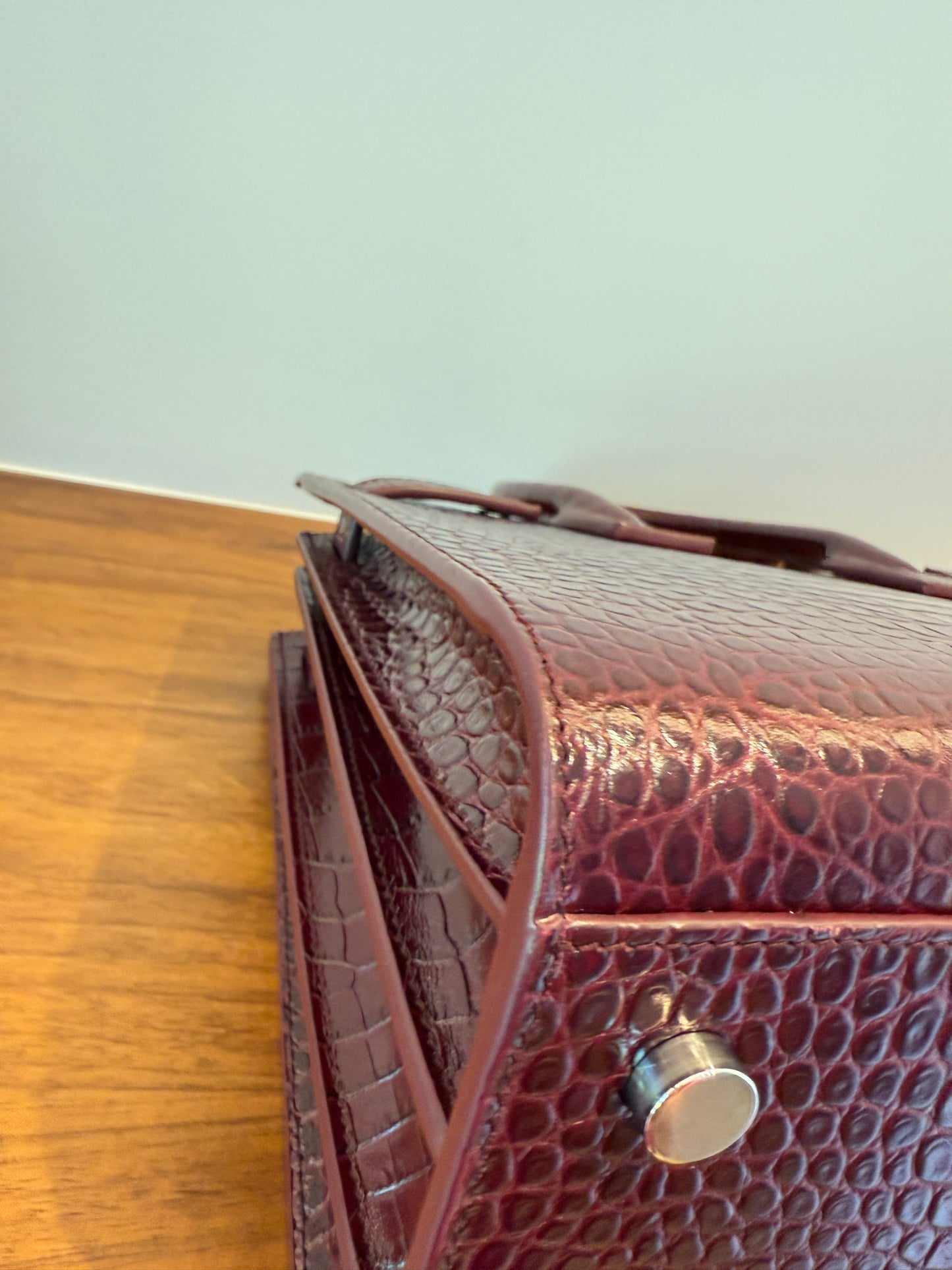 YSL St Laurent Burgundy Crocodile Embossed Leather Nano Sac De Jour w/ Strap