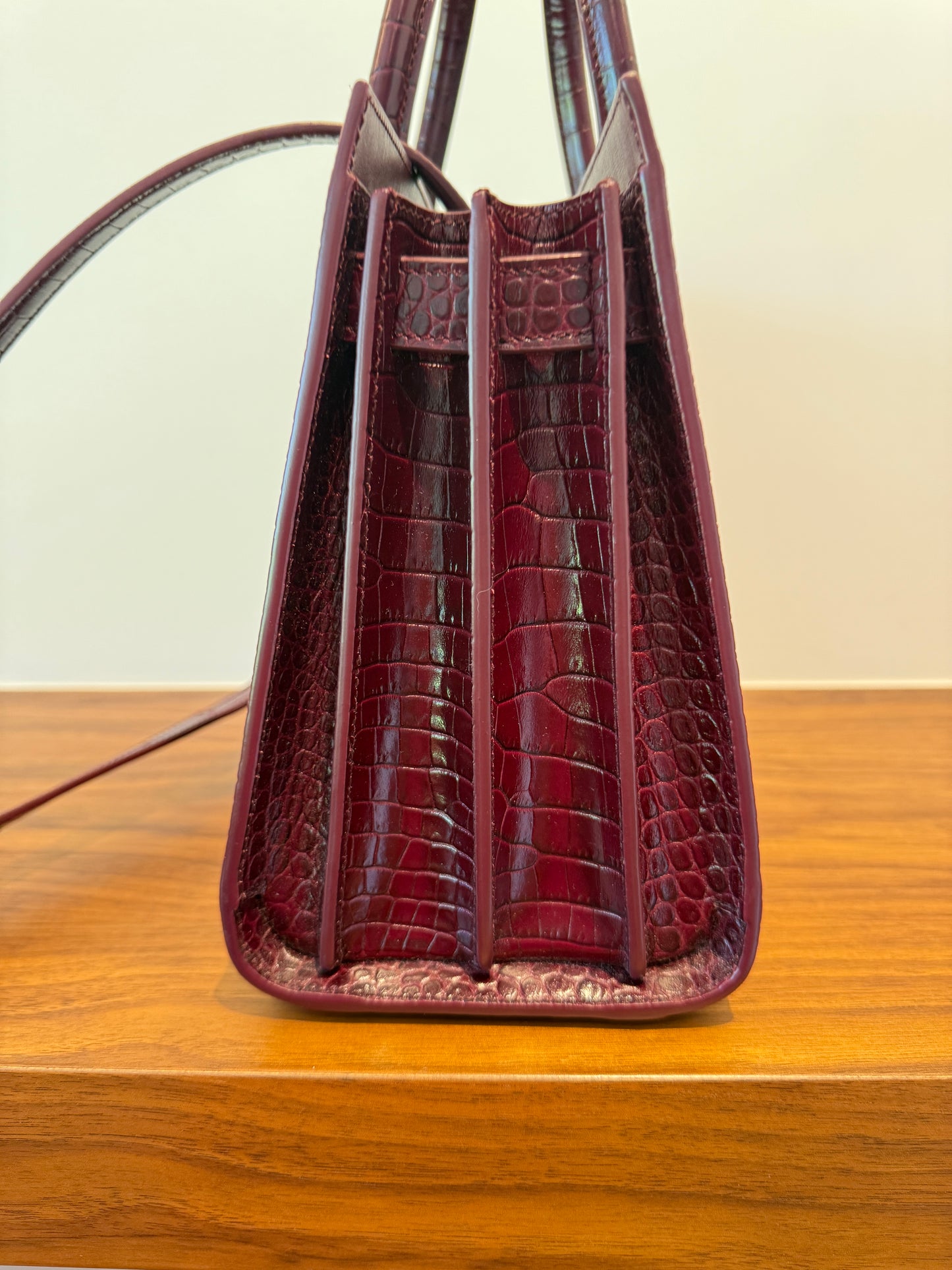 YSL St Laurent Burgundy Crocodile Embossed Leather Nano Sac De Jour w/ Strap