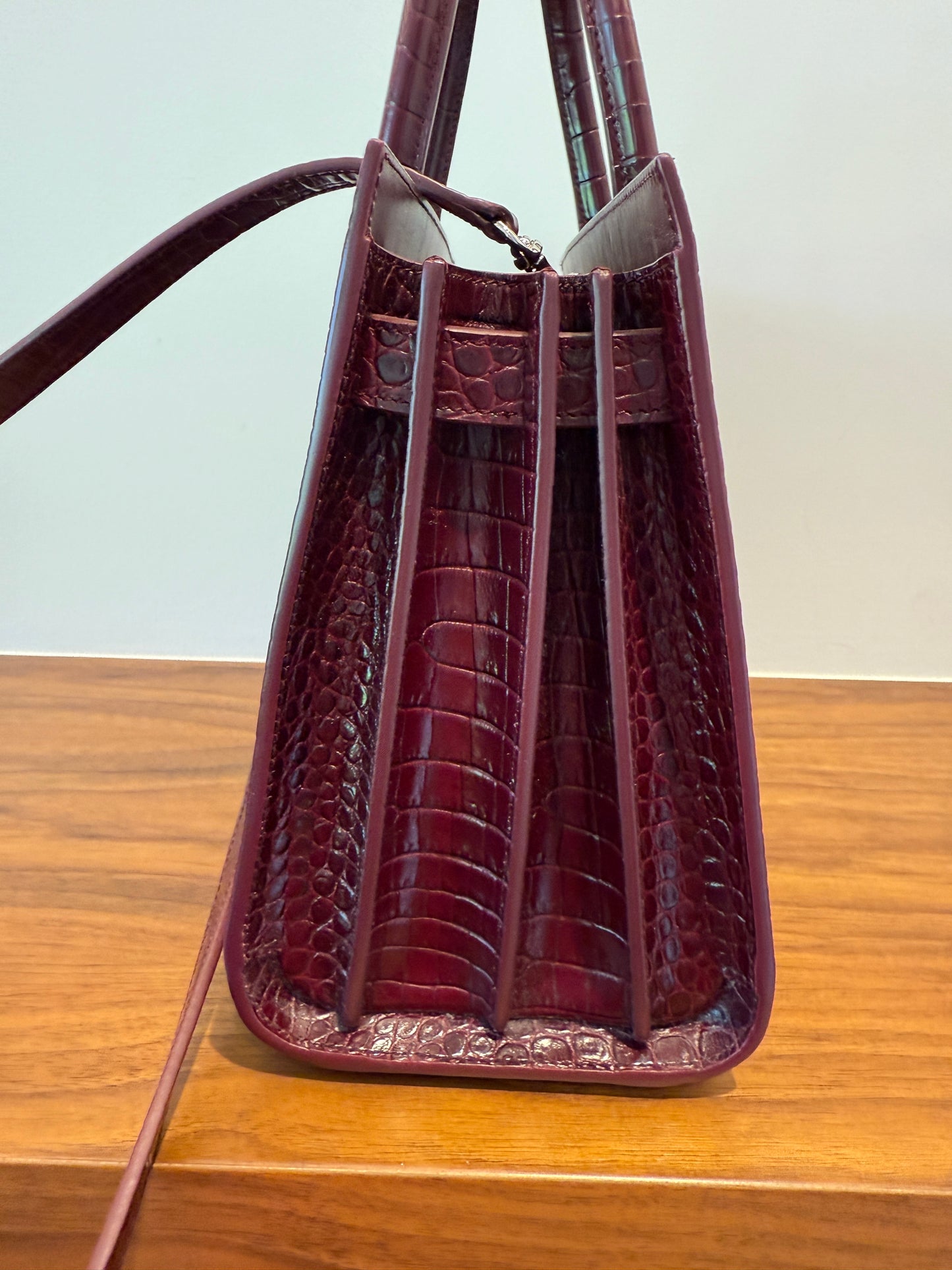 YSL St Laurent Burgundy Crocodile Embossed Leather Nano Sac De Jour w/ Strap