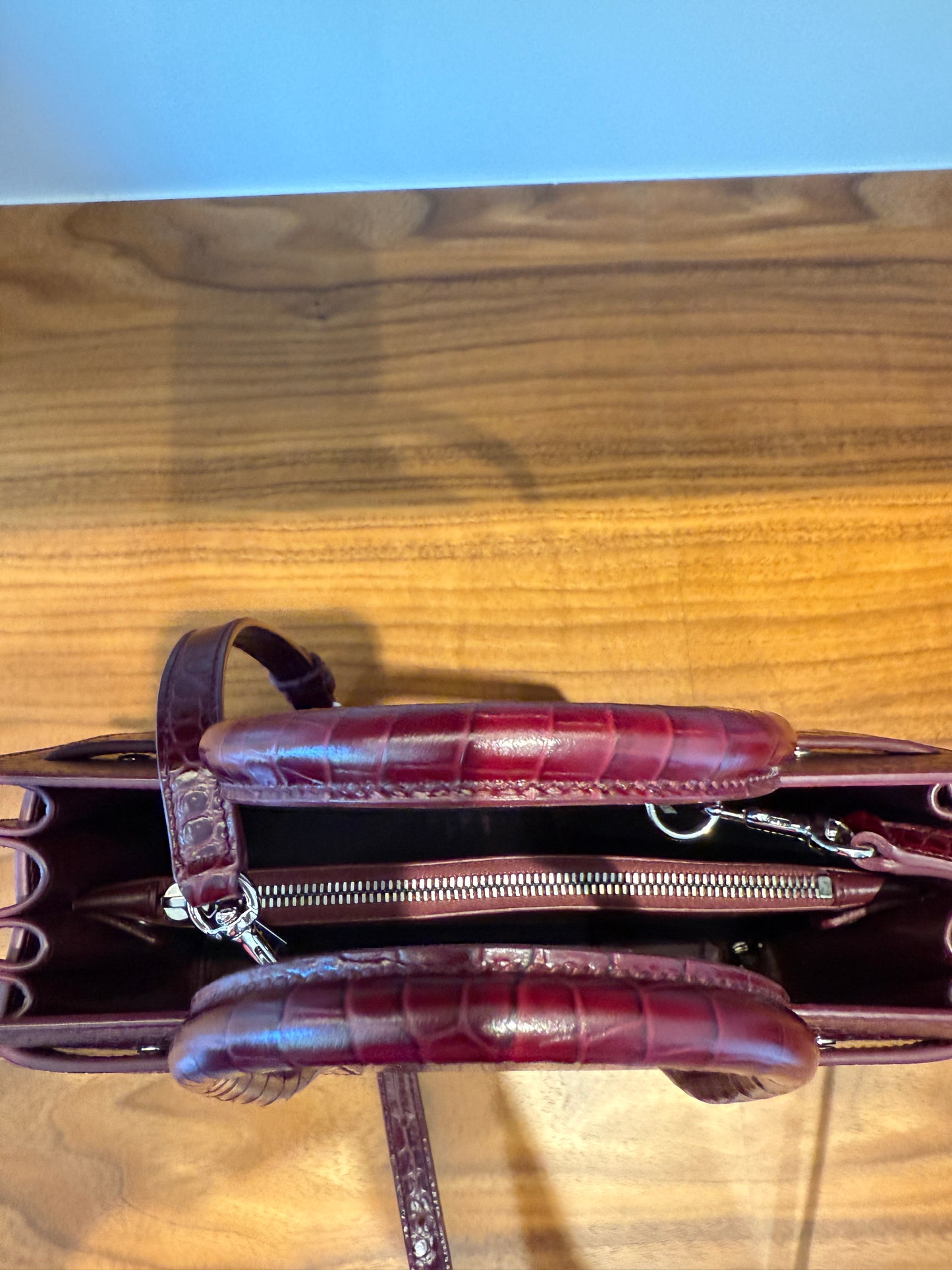 YSL St Laurent Burgundy Crocodile Embossed Leather Small Sac De Jour w/ Strap