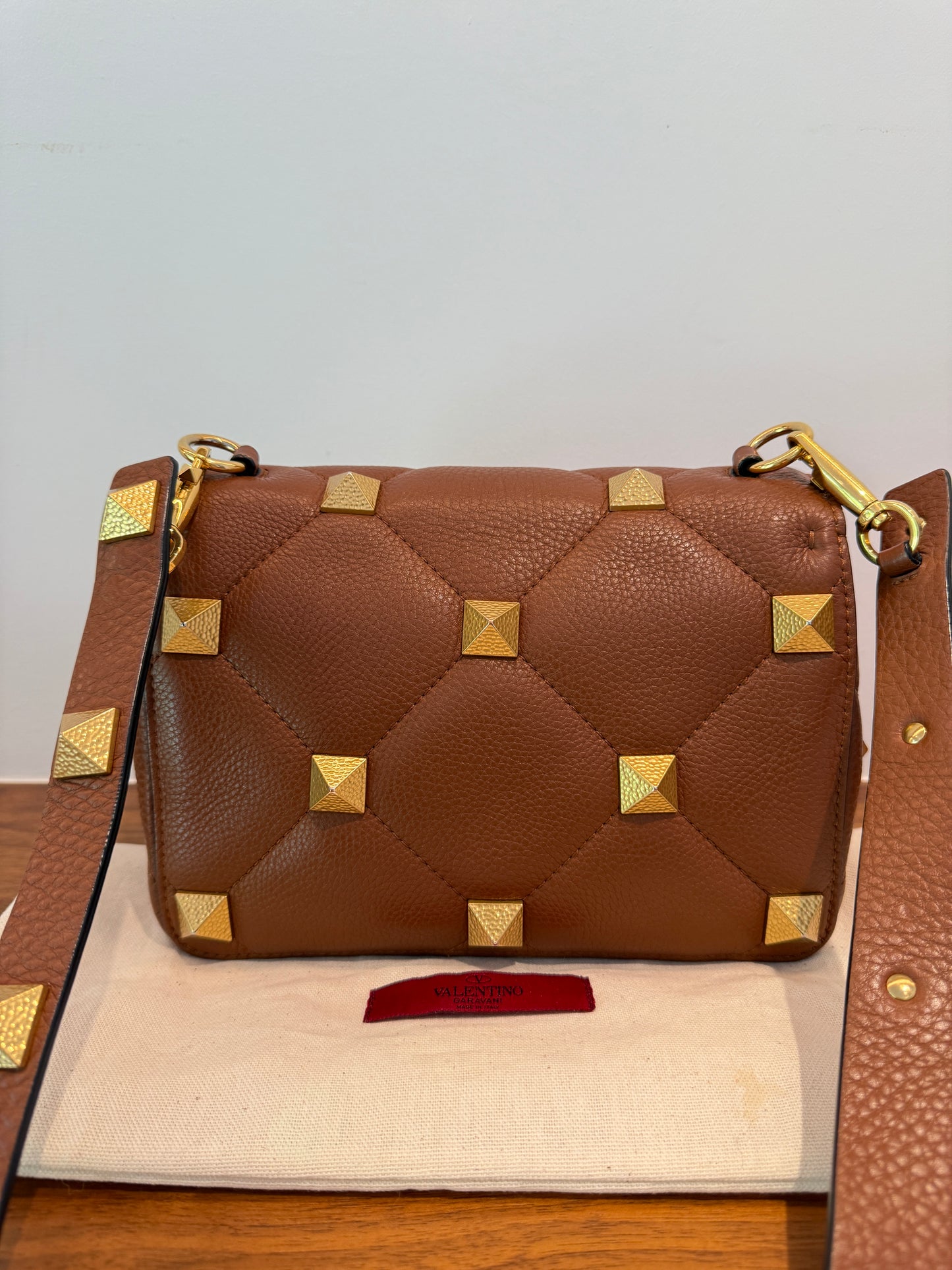 Valentino Brown Quilted Selleria Lether Roman Stud Medium Shoulder Bag