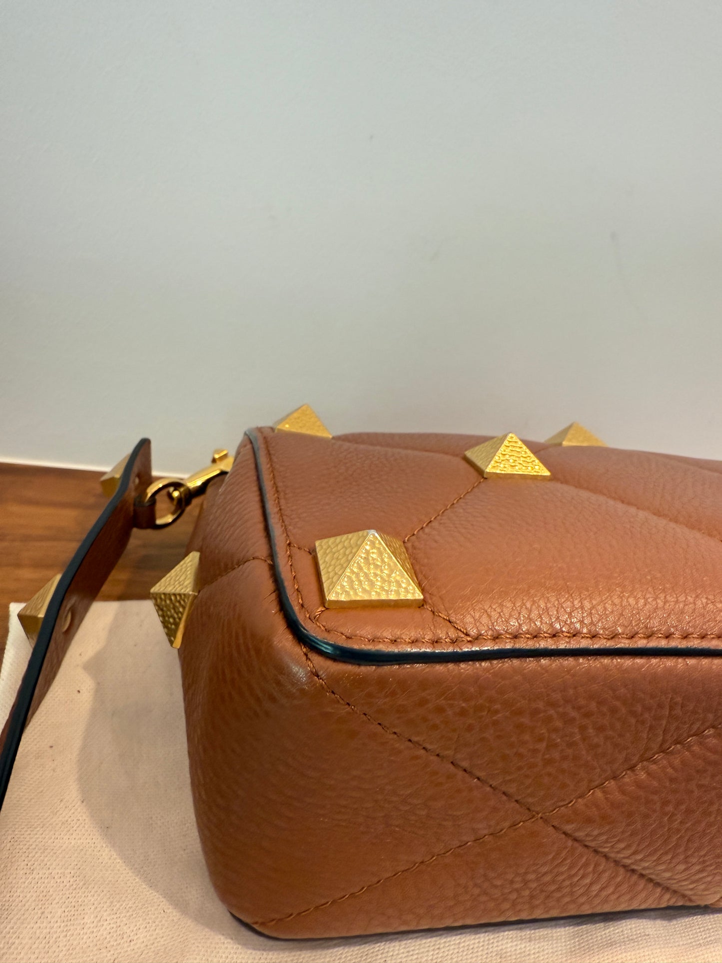 Valentino Brown Quilted Selleria Lether Roman Stud Medium Shoulder Bag