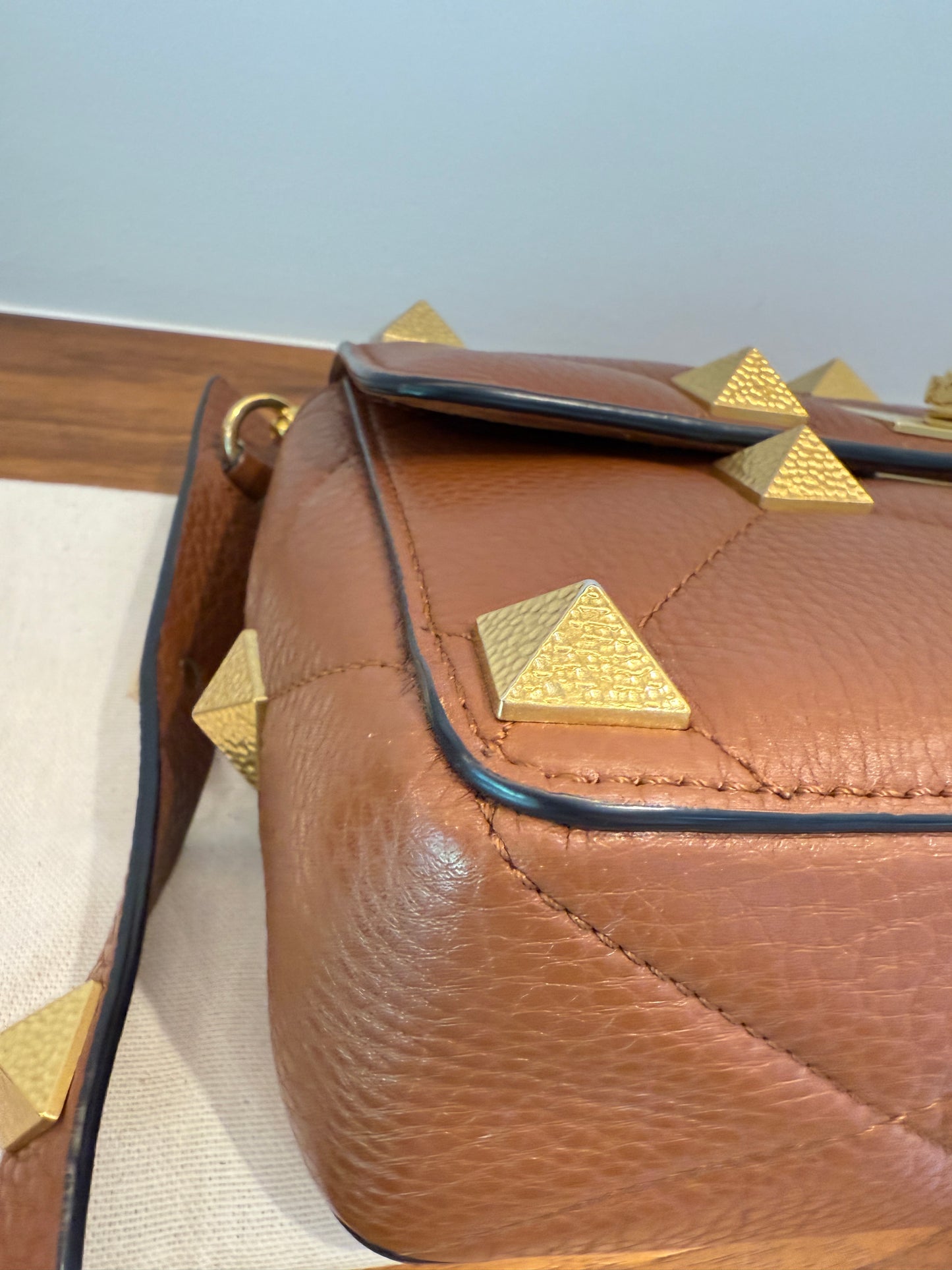 Valentino Brown Quilted Selleria Lether Roman Stud Medium Shoulder Bag