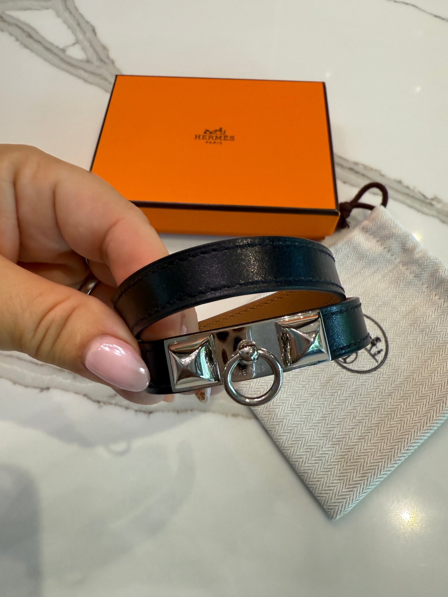 Hermes Black Swift Leather Rivale Double Tour Bracelet PHW