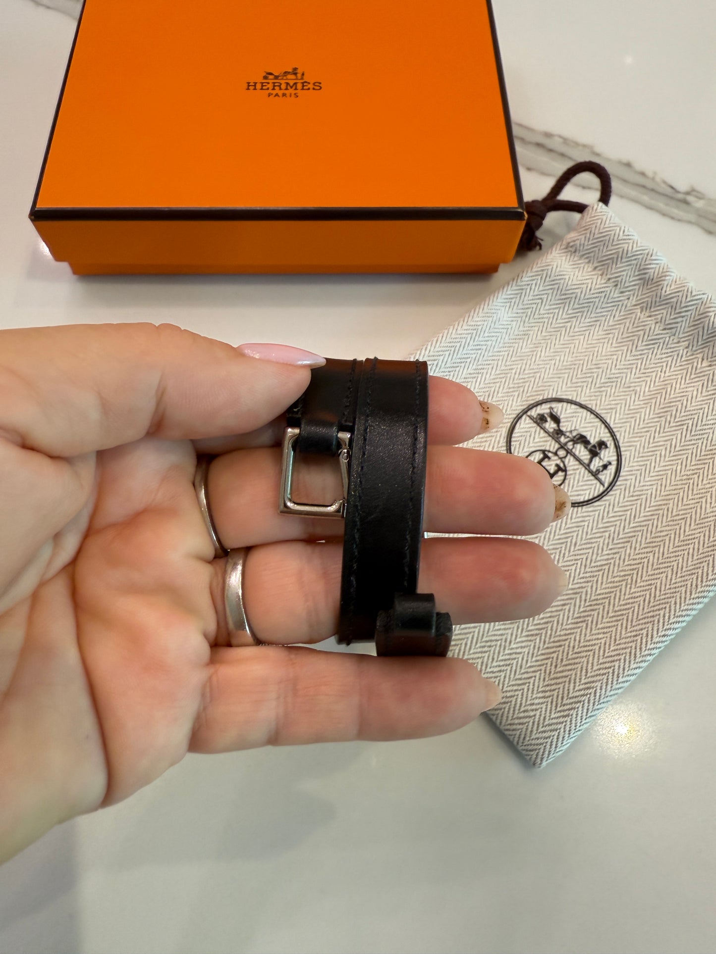 Hermes Black Swift Leather Rivale Double Tour Bracelet PHW