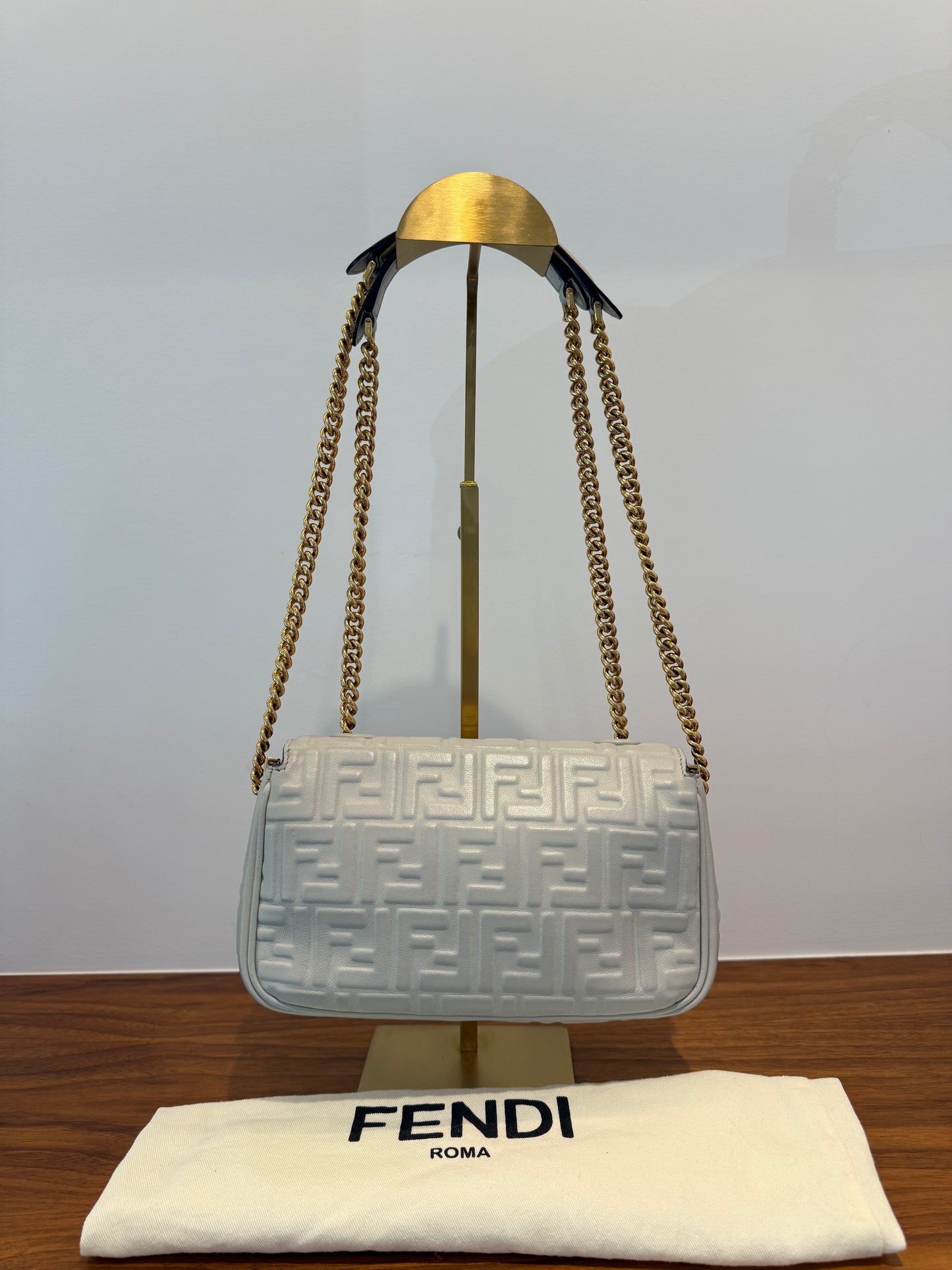 Fendi Midi Baguette In Grey Napa Leather with Gold Hardware