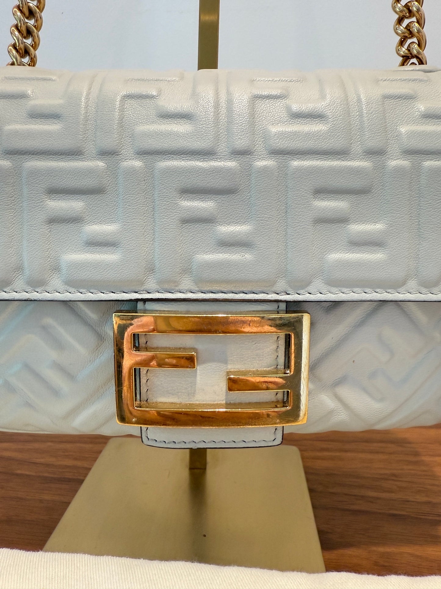 Fendi Midi Baguette In Grey Napa Leather with Gold Hardware