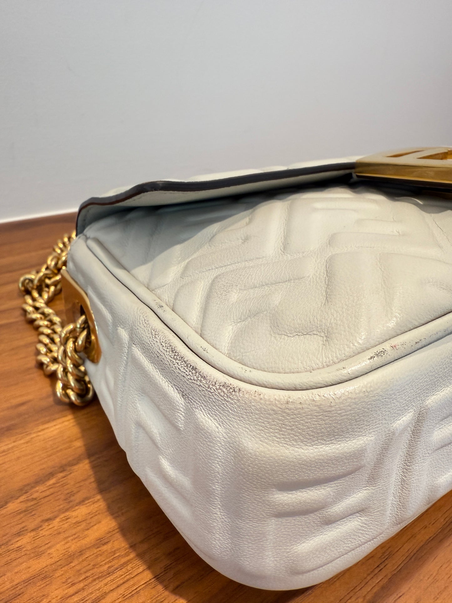 Fendi Midi Baguette In Grey Napa Leather with Gold Hardware