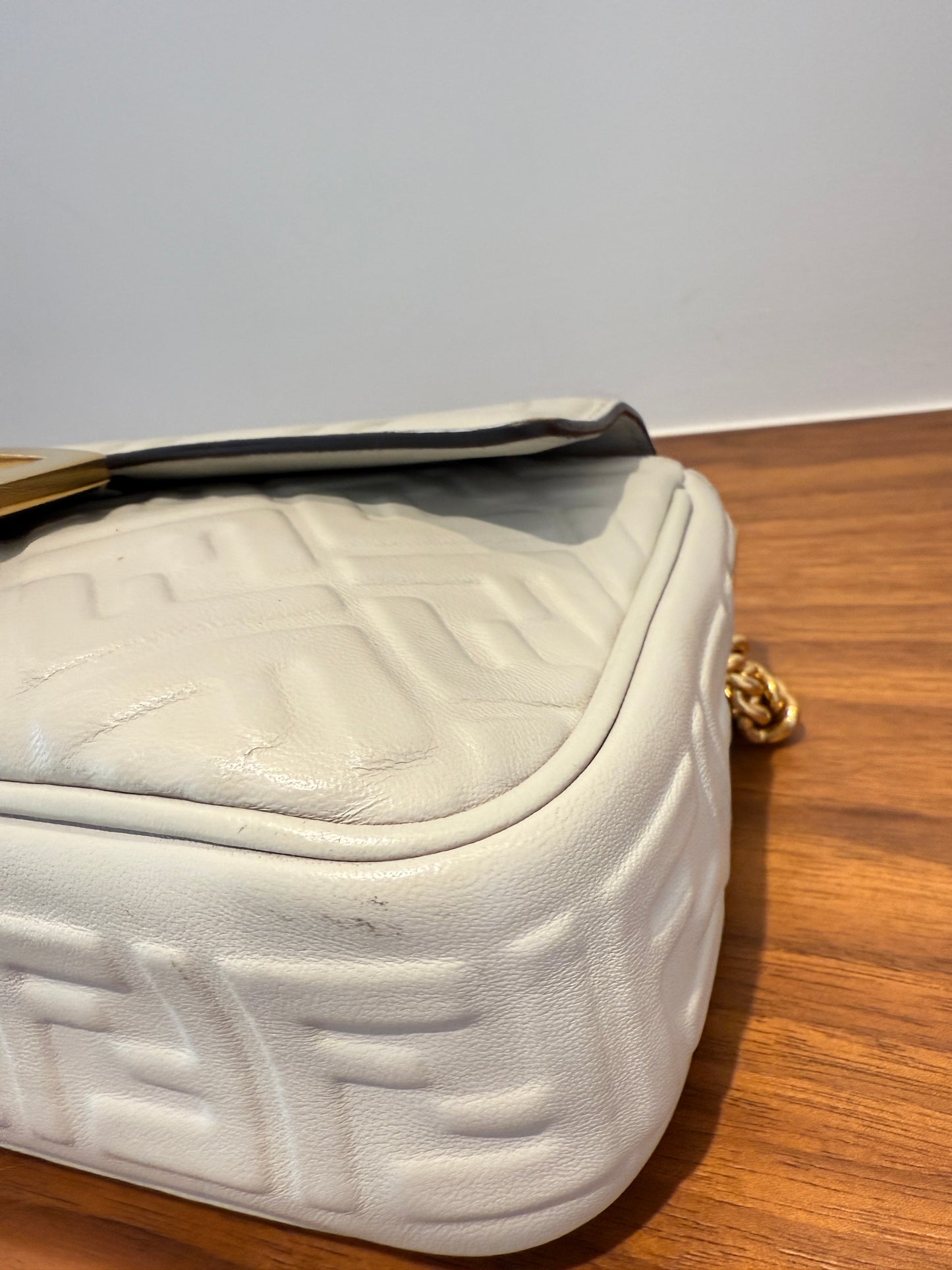 Fendi Midi Baguette In Grey Napa Leather with Gold Hardware