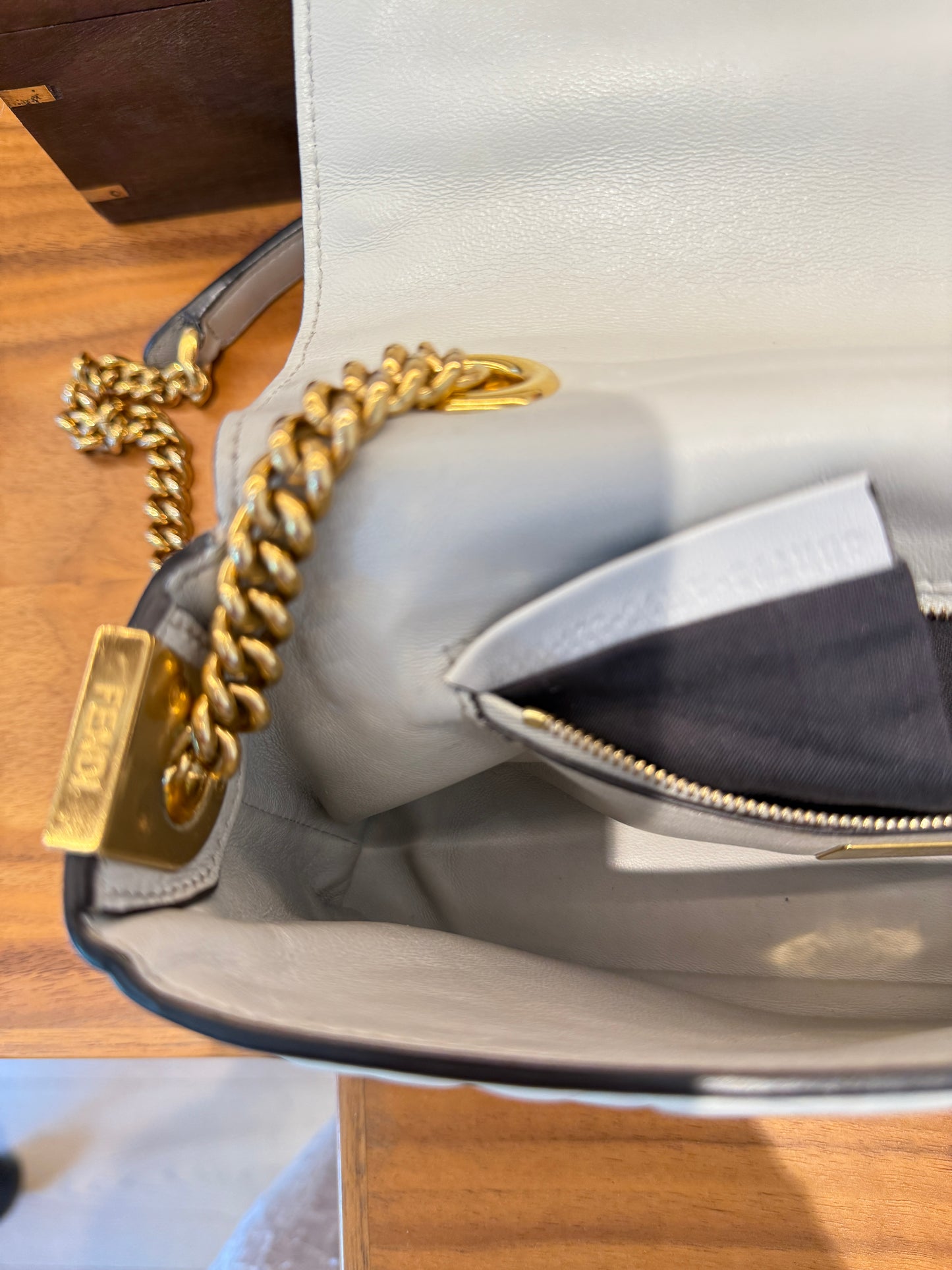 Fendi Midi Baguette In Grey Napa Leather with Gold Hardware