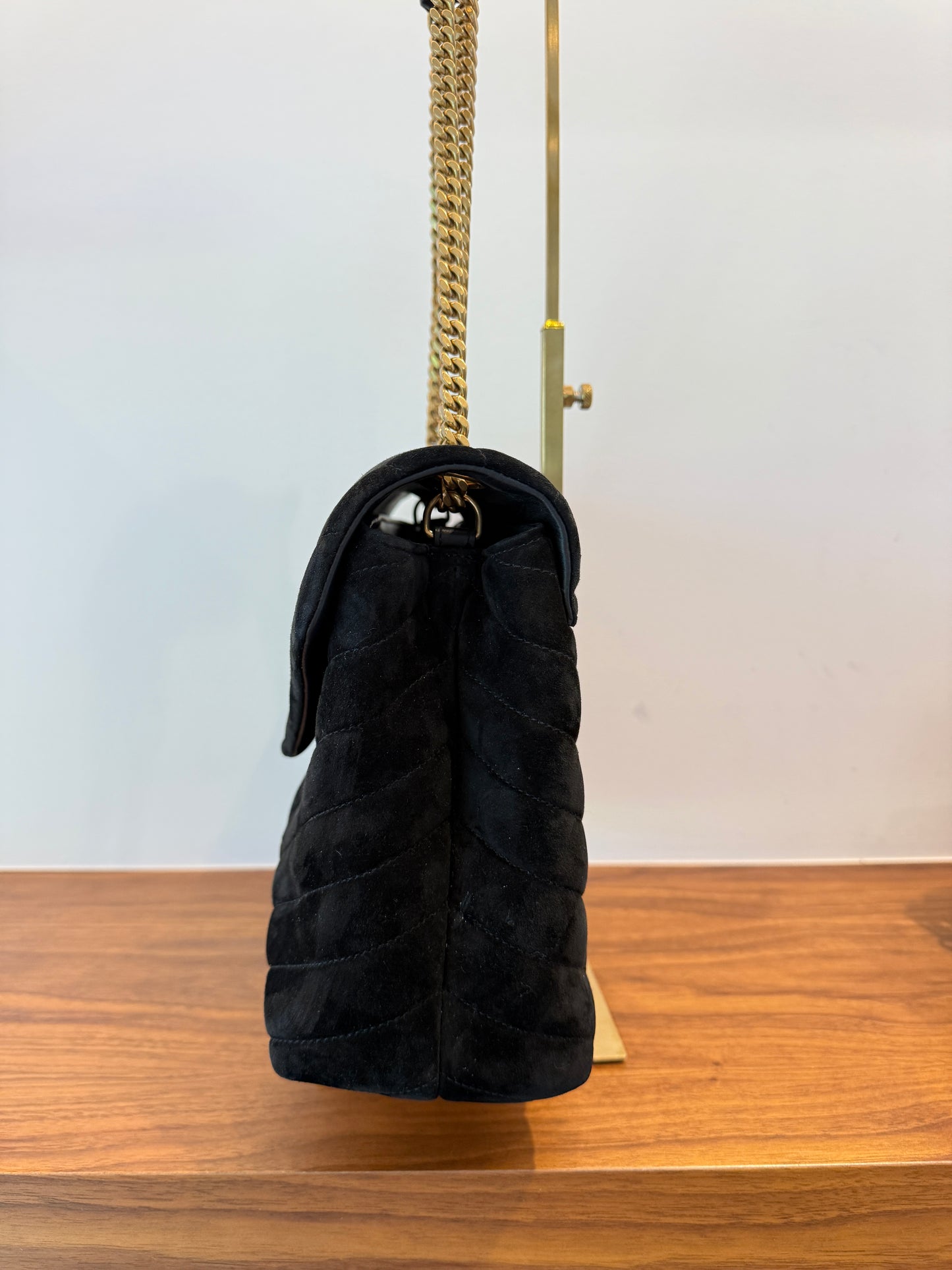 Saint Laurent Suede Quilted Monogram Medium Loulou Chain Satchel in Black Pre-Owned