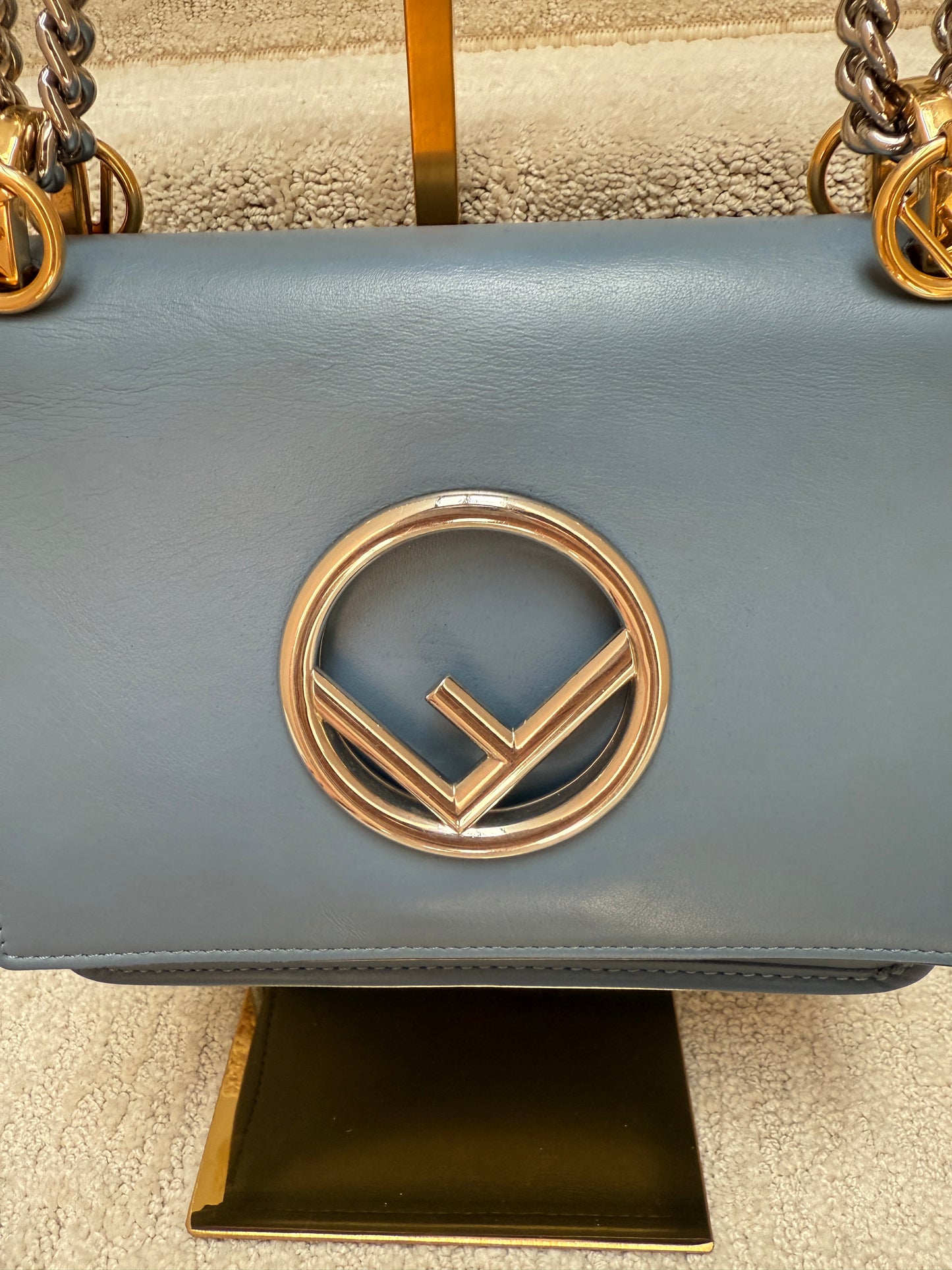 Fendi Ceruleo Vitello Leather Kan I logo bag in blue