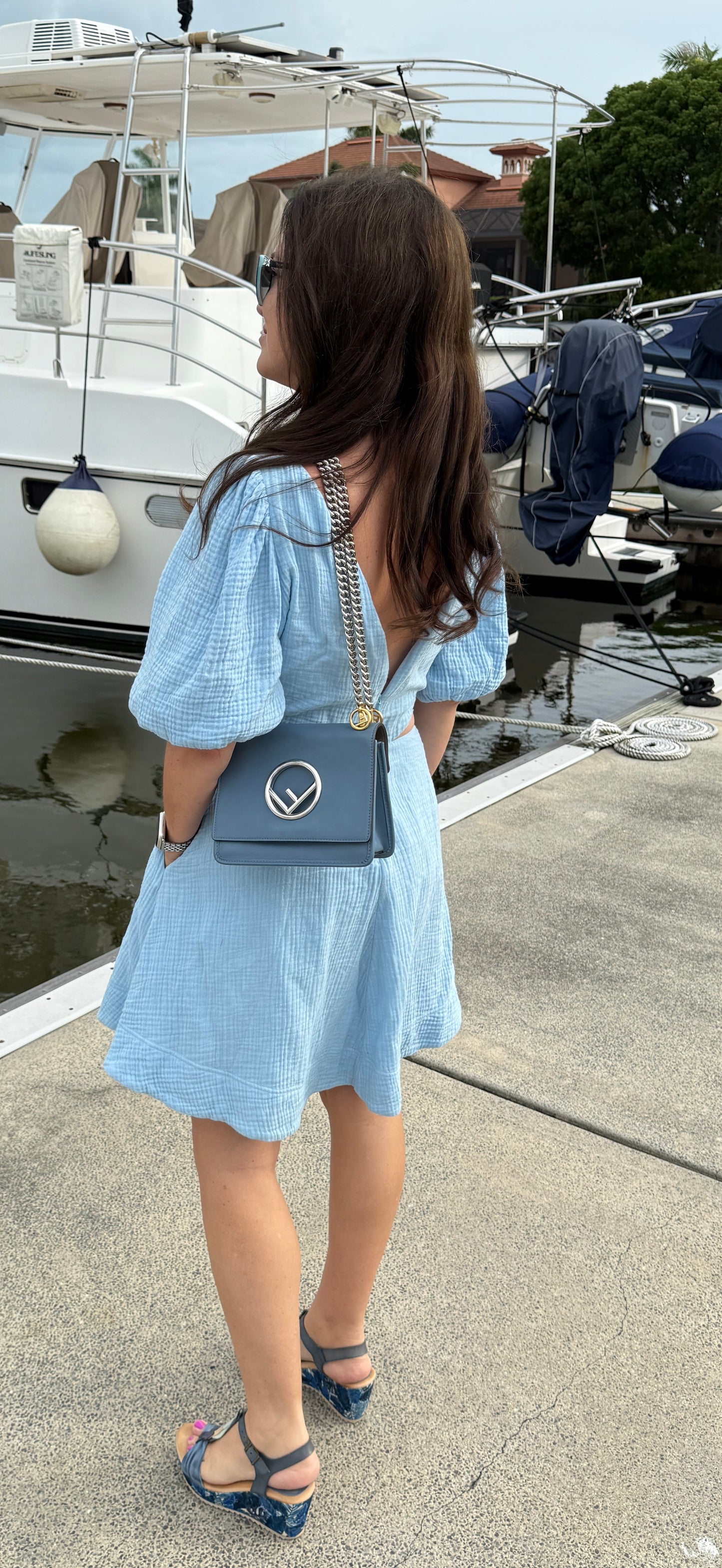 Fendi Ceruleo Vitello Leather Kan I logo bag in blue