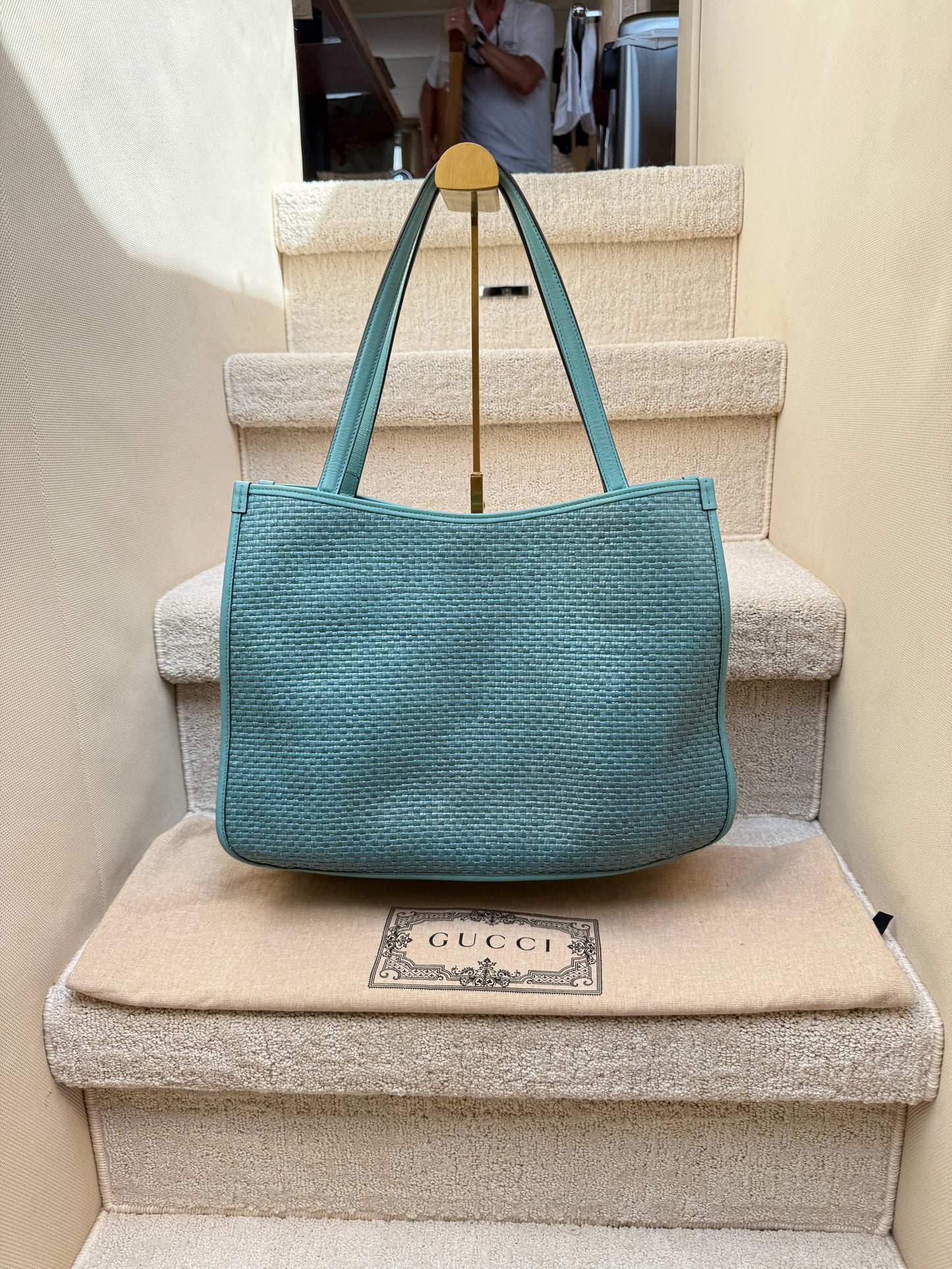 Gucci Horsebit 1955 Raffia & Leather Tote in Blue