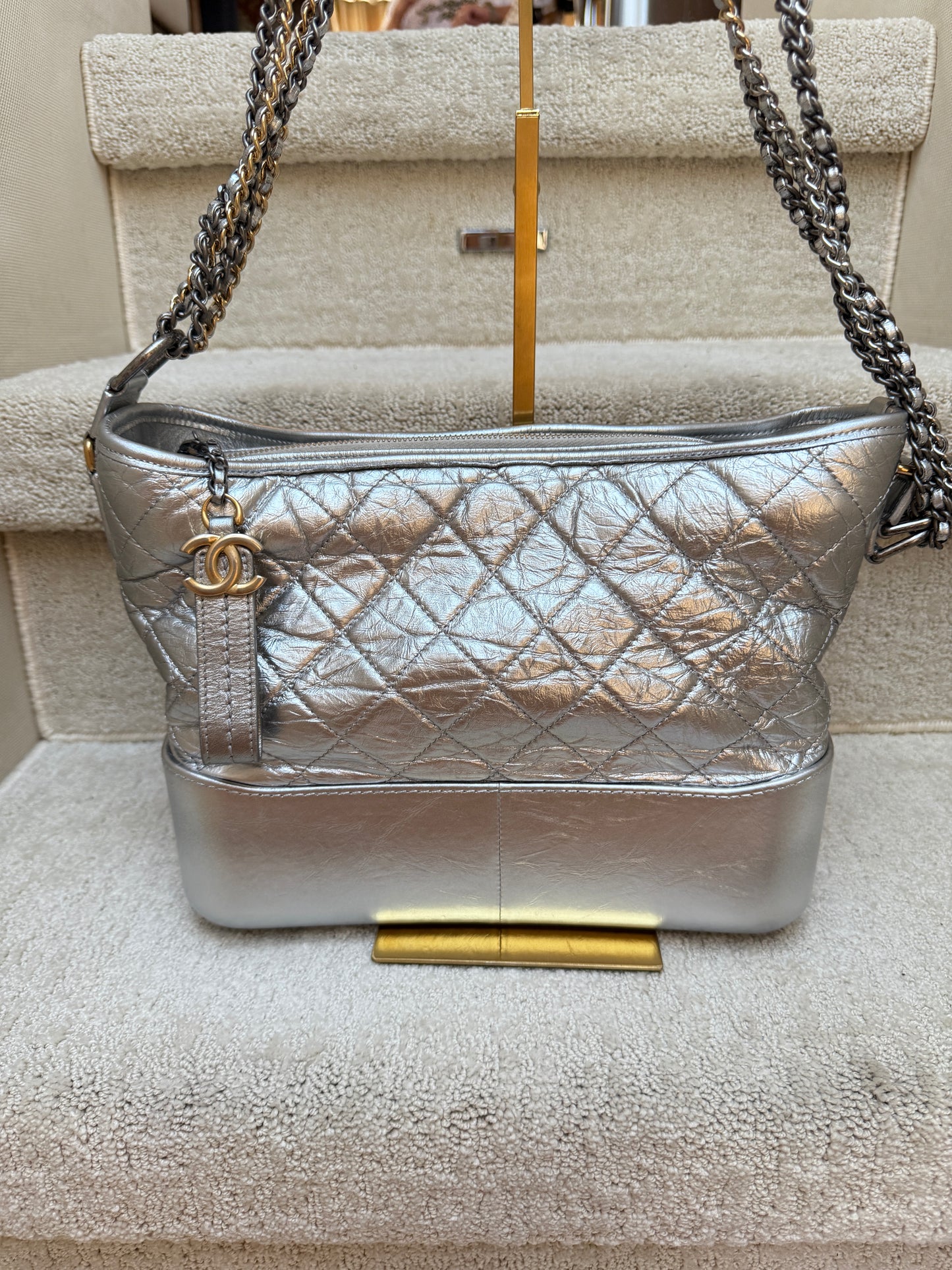 Chanel Metallic Aged Calfskin Quilted Medium Gabrielle Silver