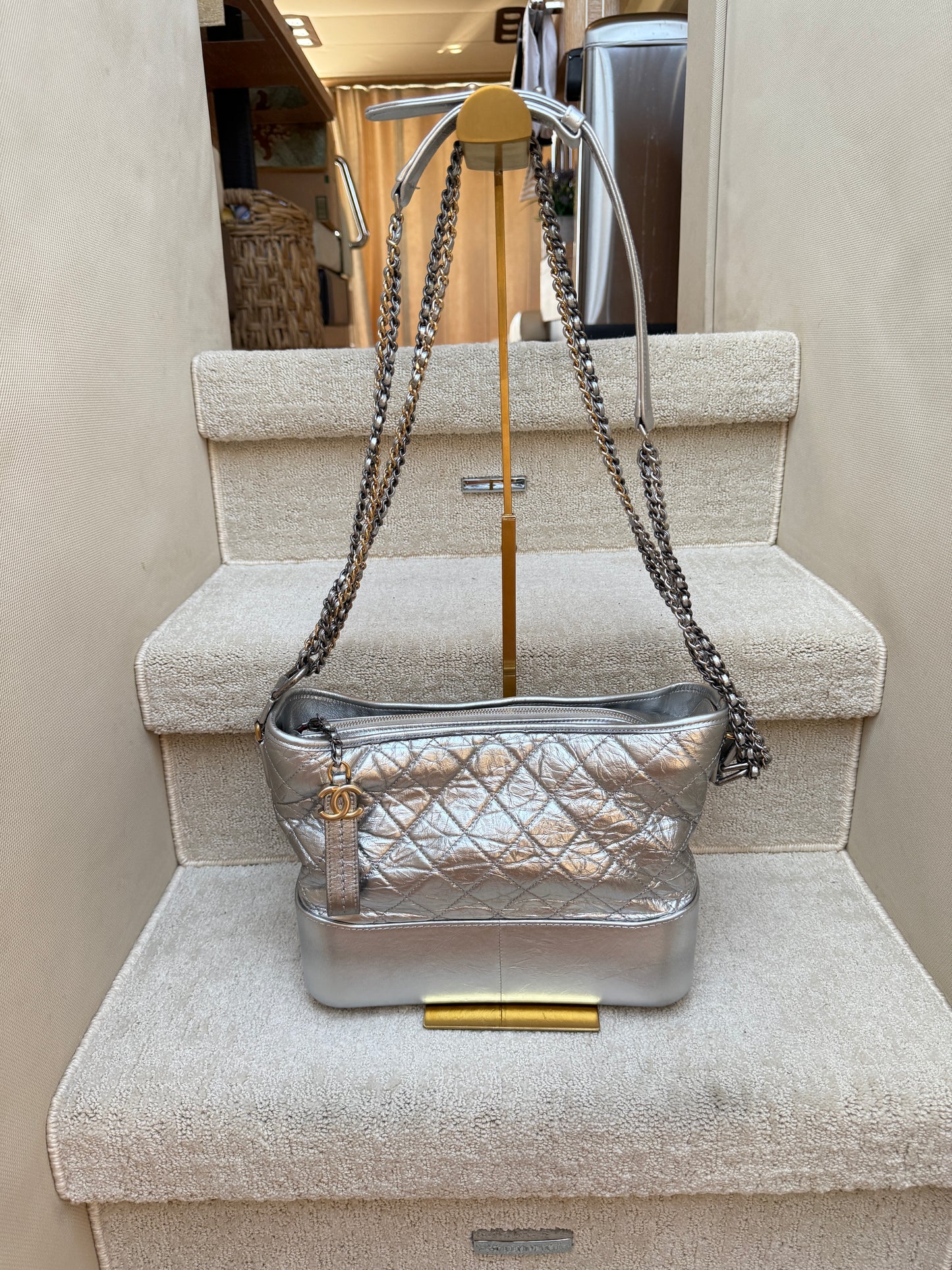 Chanel Metallic Aged Calfskin Quilted Medium Gabrielle Silver