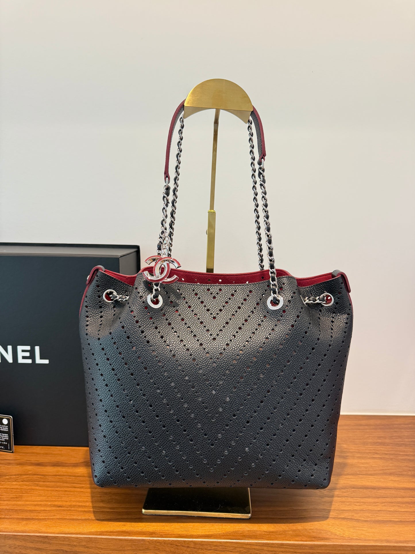 Chanel Perforated Grained Leather Accordion Shopping Tote With Pouch