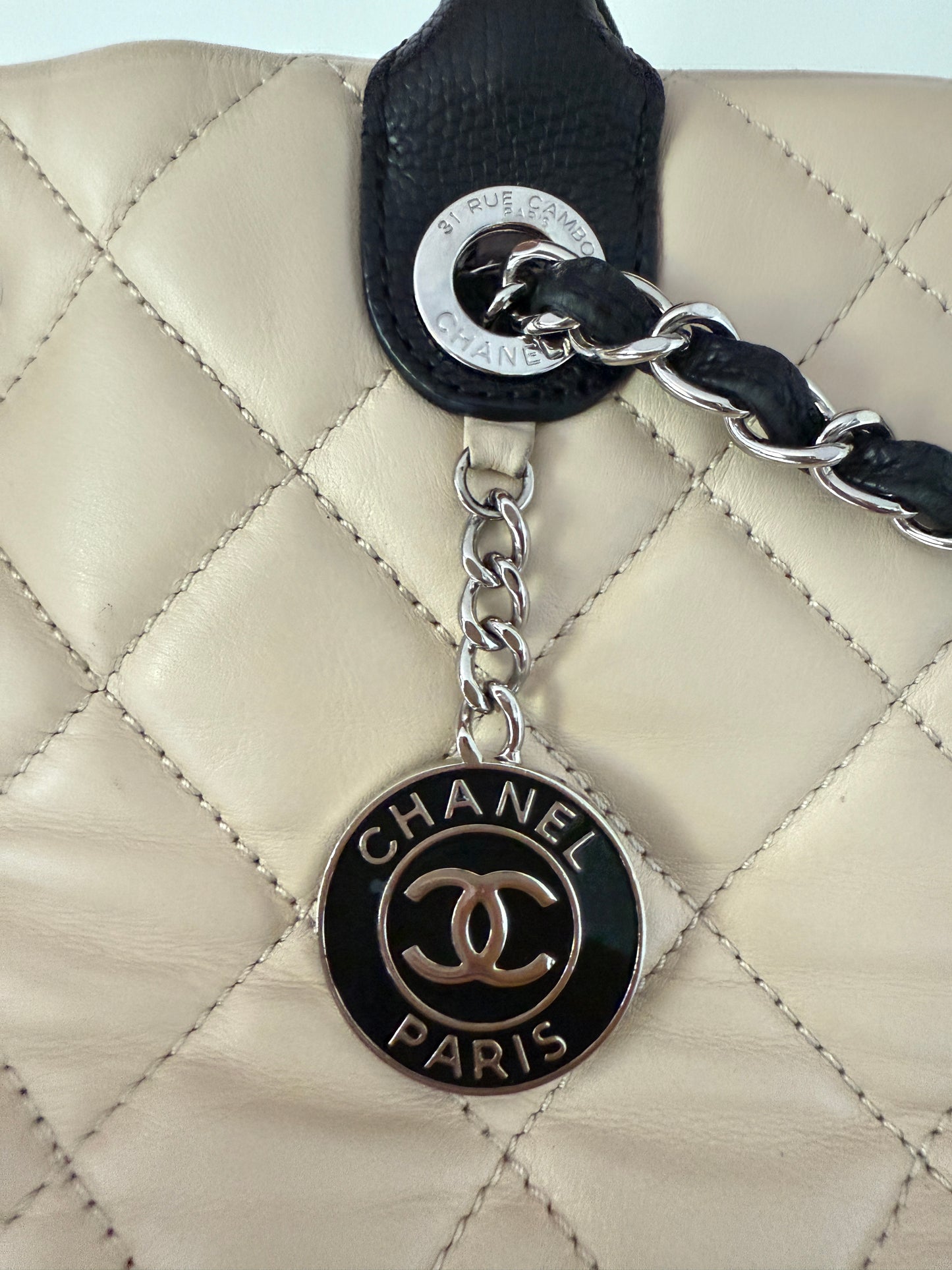Chanel Beige & Black Caviar and Lambskin Tote Pre-owned Designer Handbag