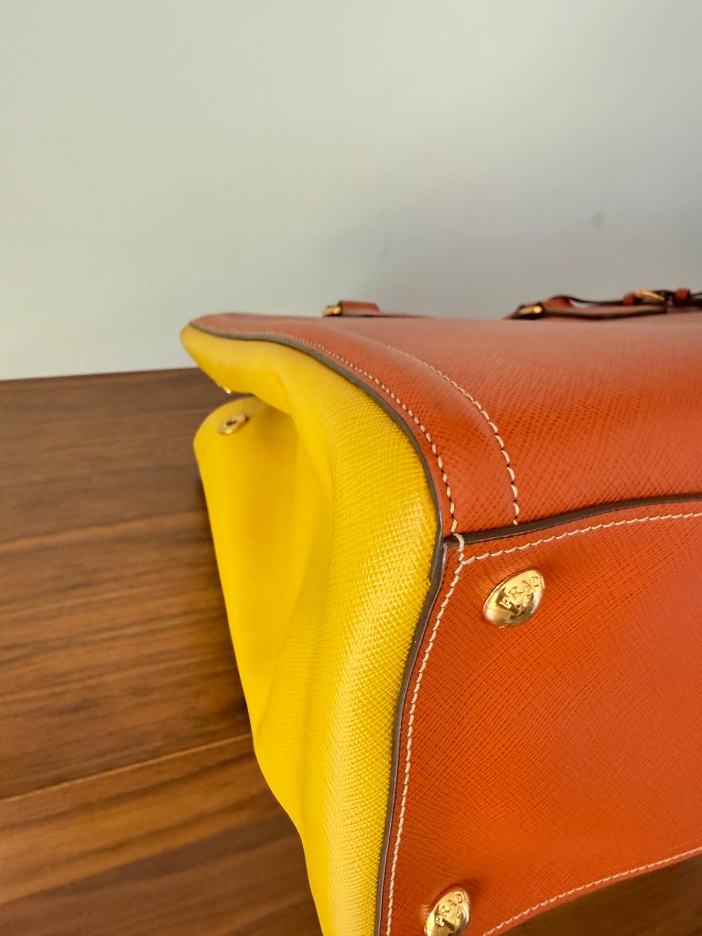 Prada Orange/Yellow Bi Color Saffiano Lux Leather Tote