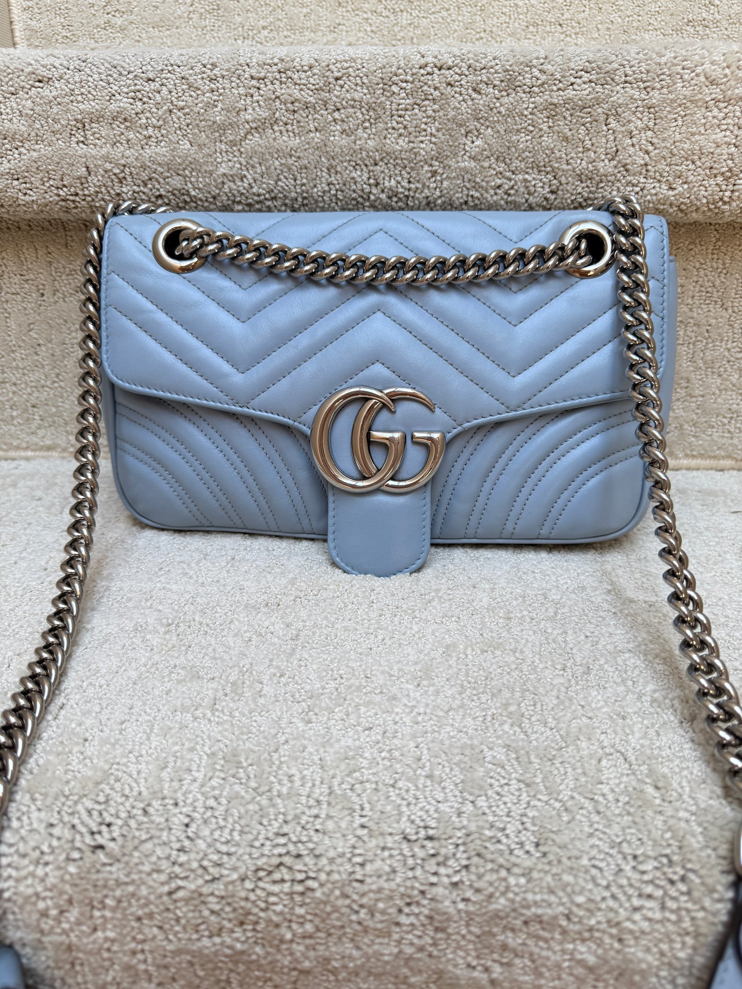 GUCCI Calfskin Matelasse GG Marmont small in baby blue