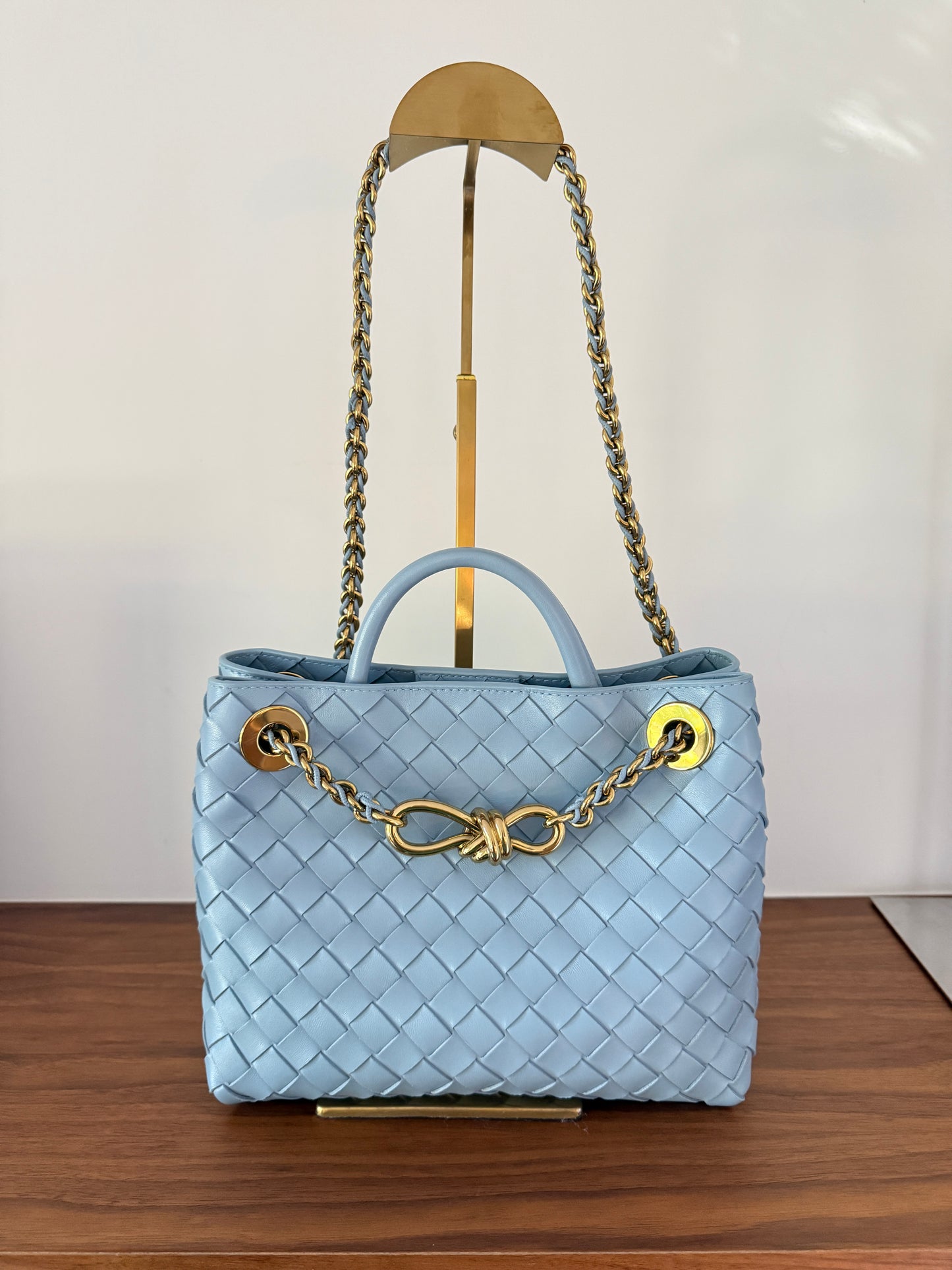 Bottega Veneta Andiamo Light Blue Woven Shoulder Bag in Small