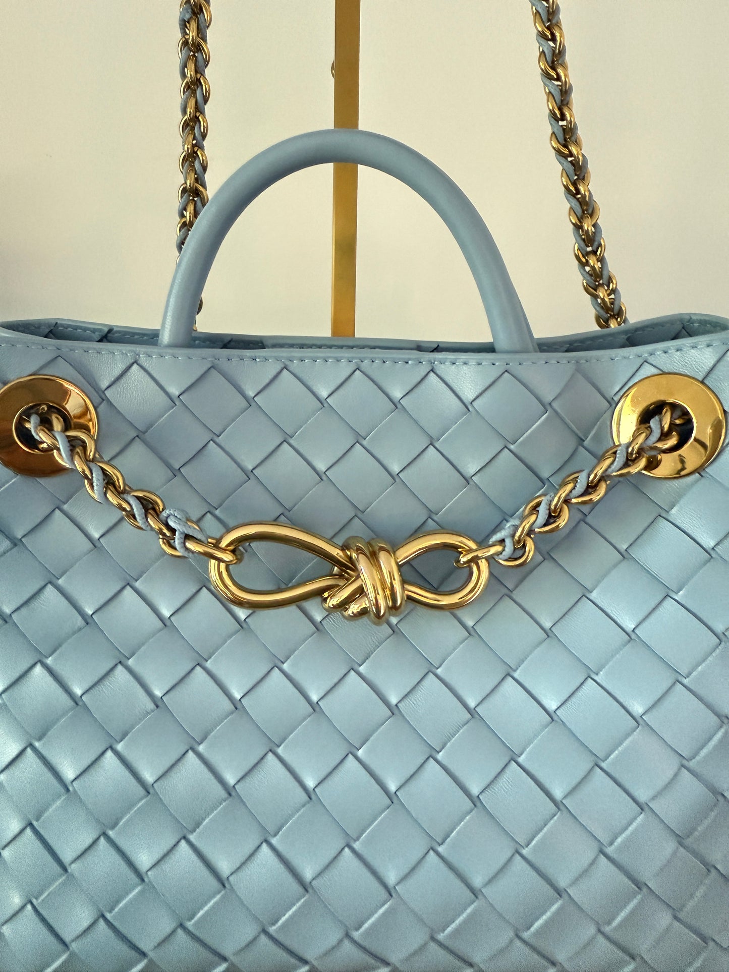 Bottega Veneta Andiamo Light Blue Woven Shoulder Bag in Small