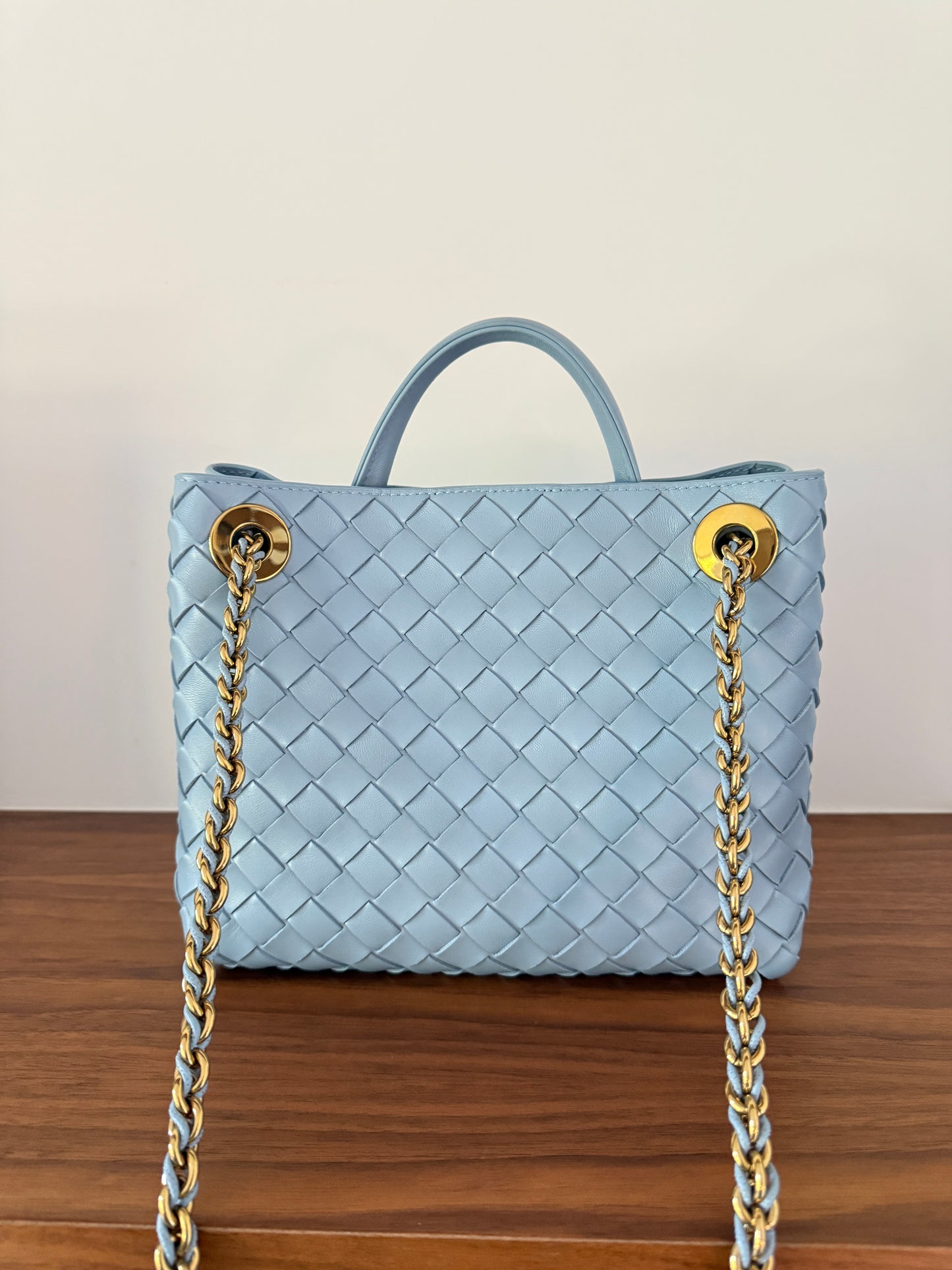 Bottega Veneta Andiamo Light Blue Woven Shoulder Bag in Small