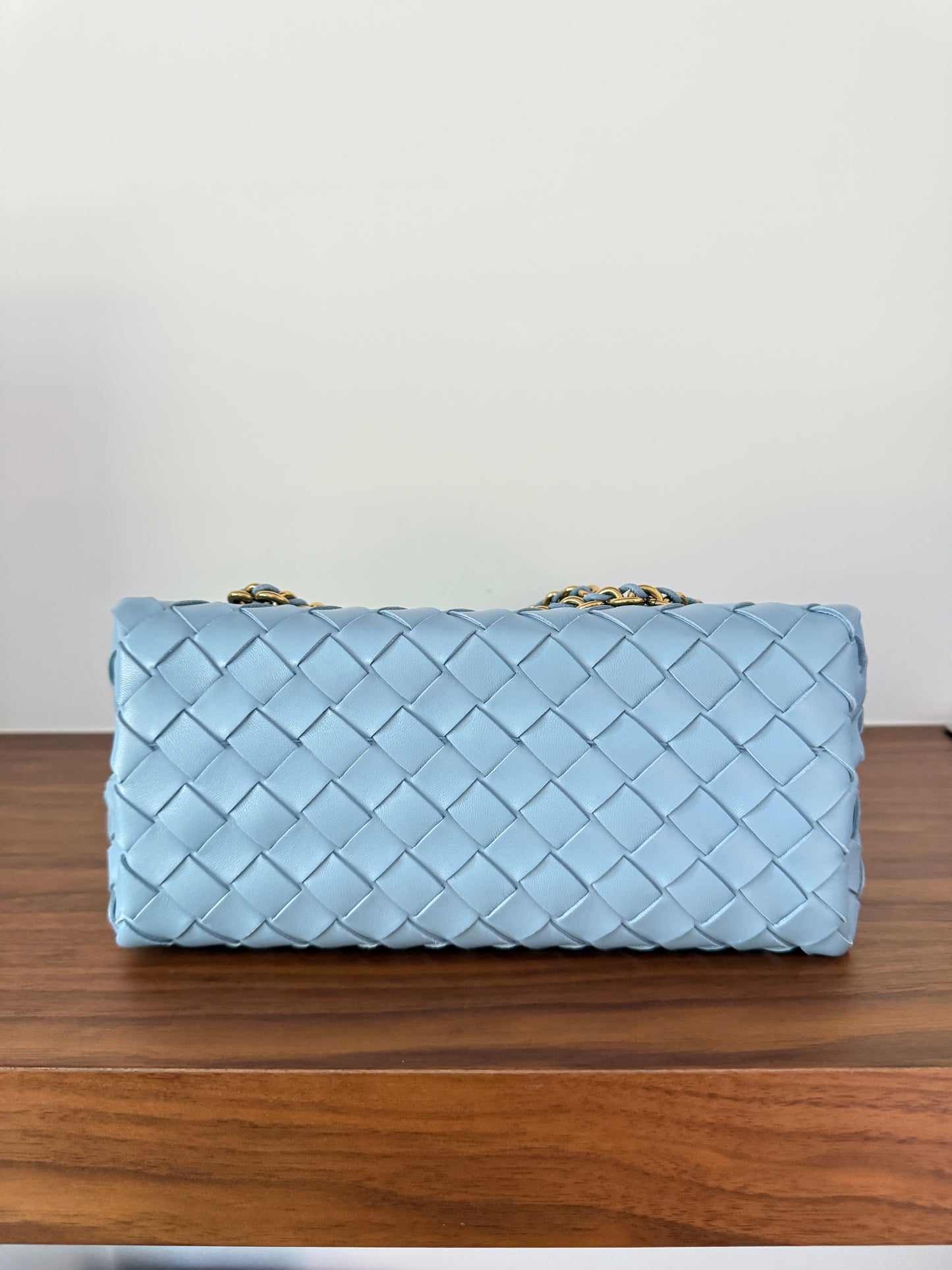 Bottega Veneta Andiamo Light Blue Woven Shoulder Bag in Small