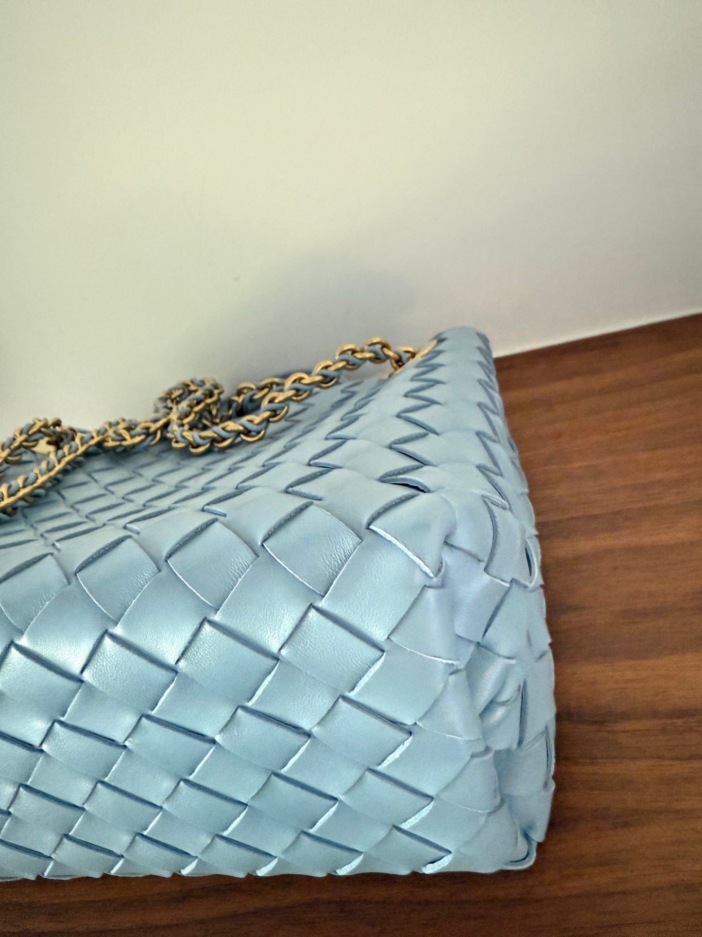 Bottega Veneta Andiamo Light Blue Woven Shoulder Bag in Small
