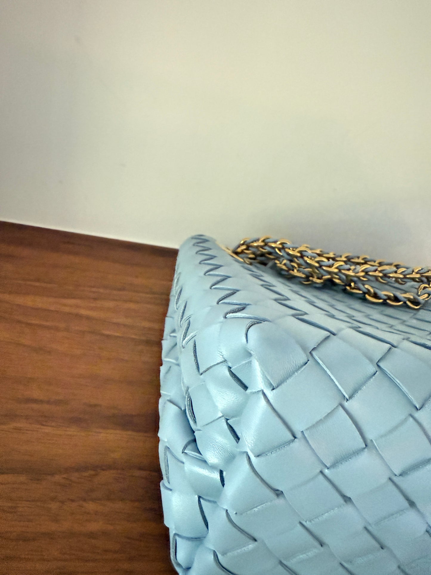Bottega Veneta Andiamo Light Blue Woven Shoulder Bag in Small