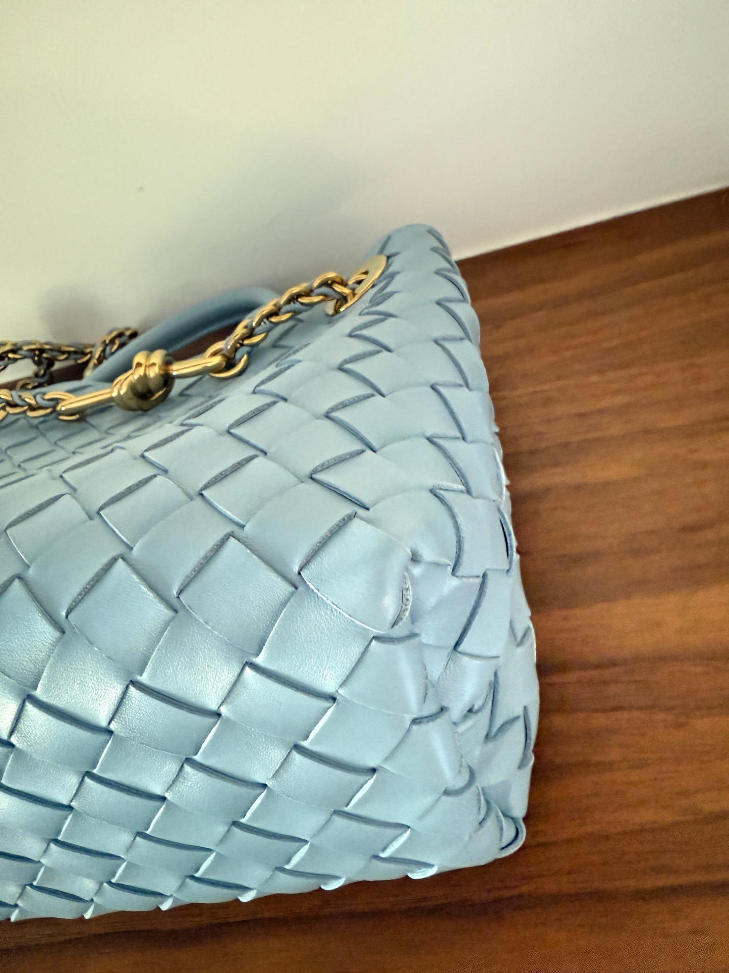 Bottega Veneta Andiamo Light Blue Woven Shoulder Bag in Small