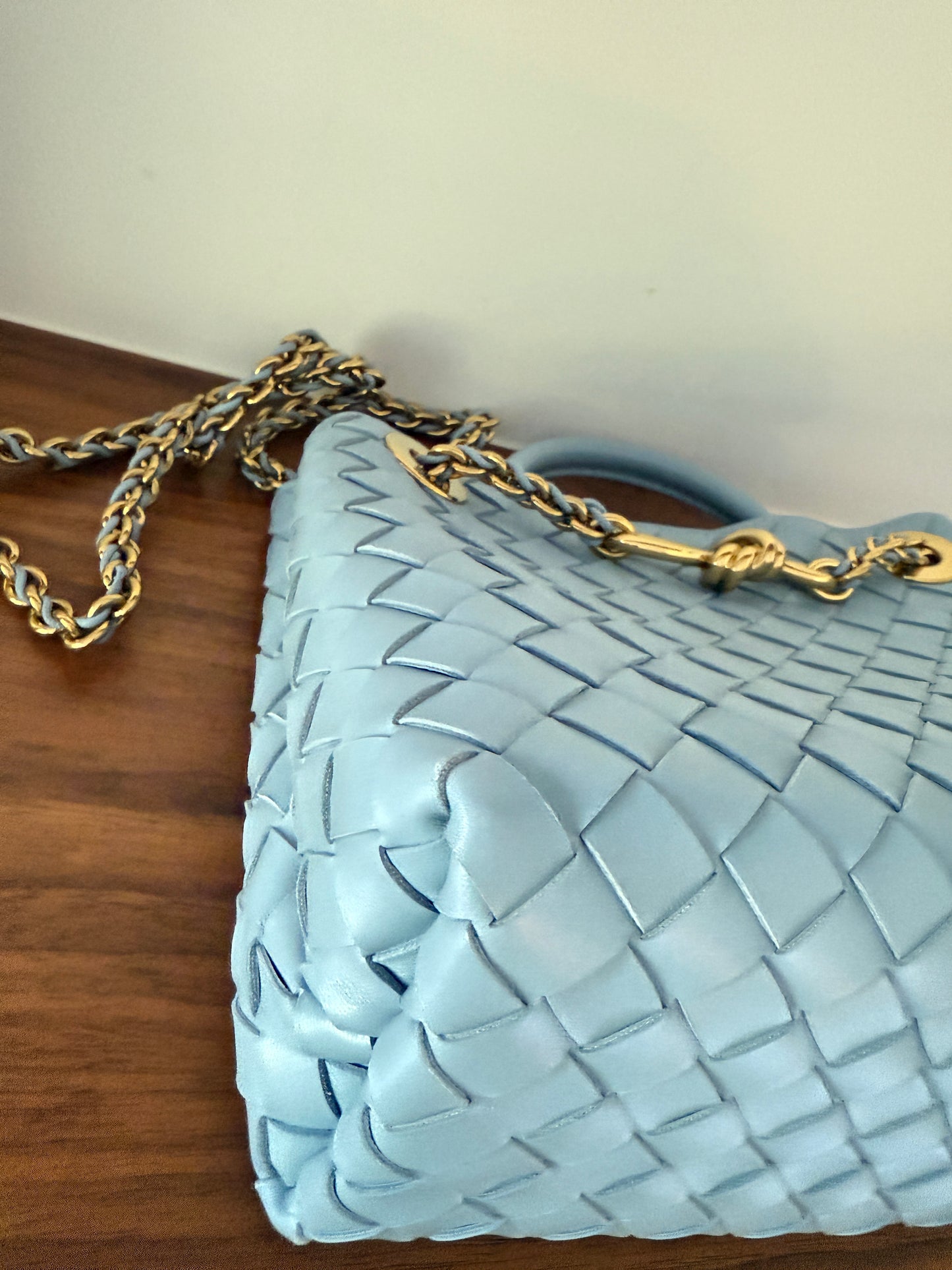 Bottega Veneta Andiamo Light Blue Woven Shoulder Bag in Small