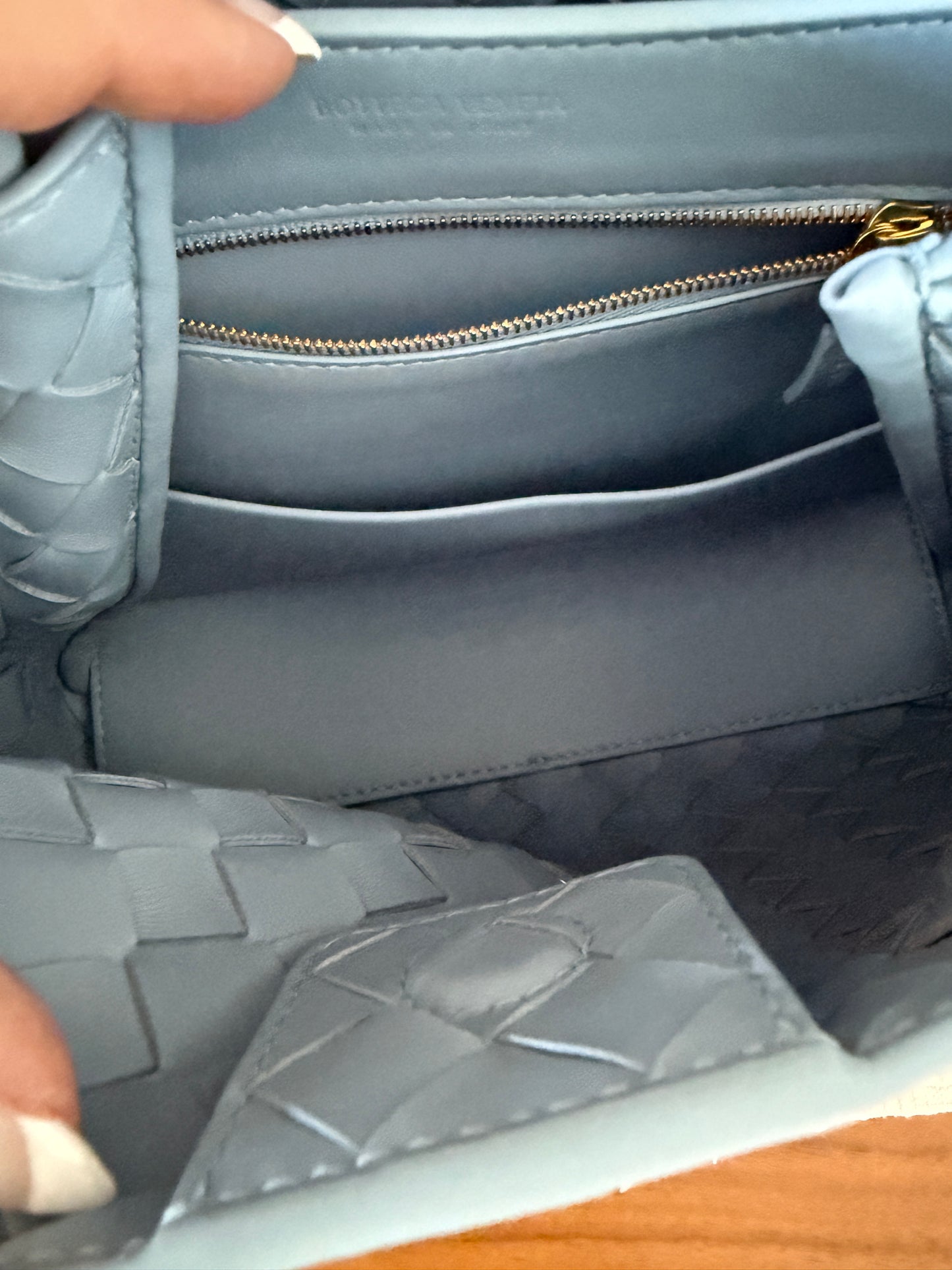 Bottega Veneta Andiamo Light Blue Woven Shoulder Bag in Small