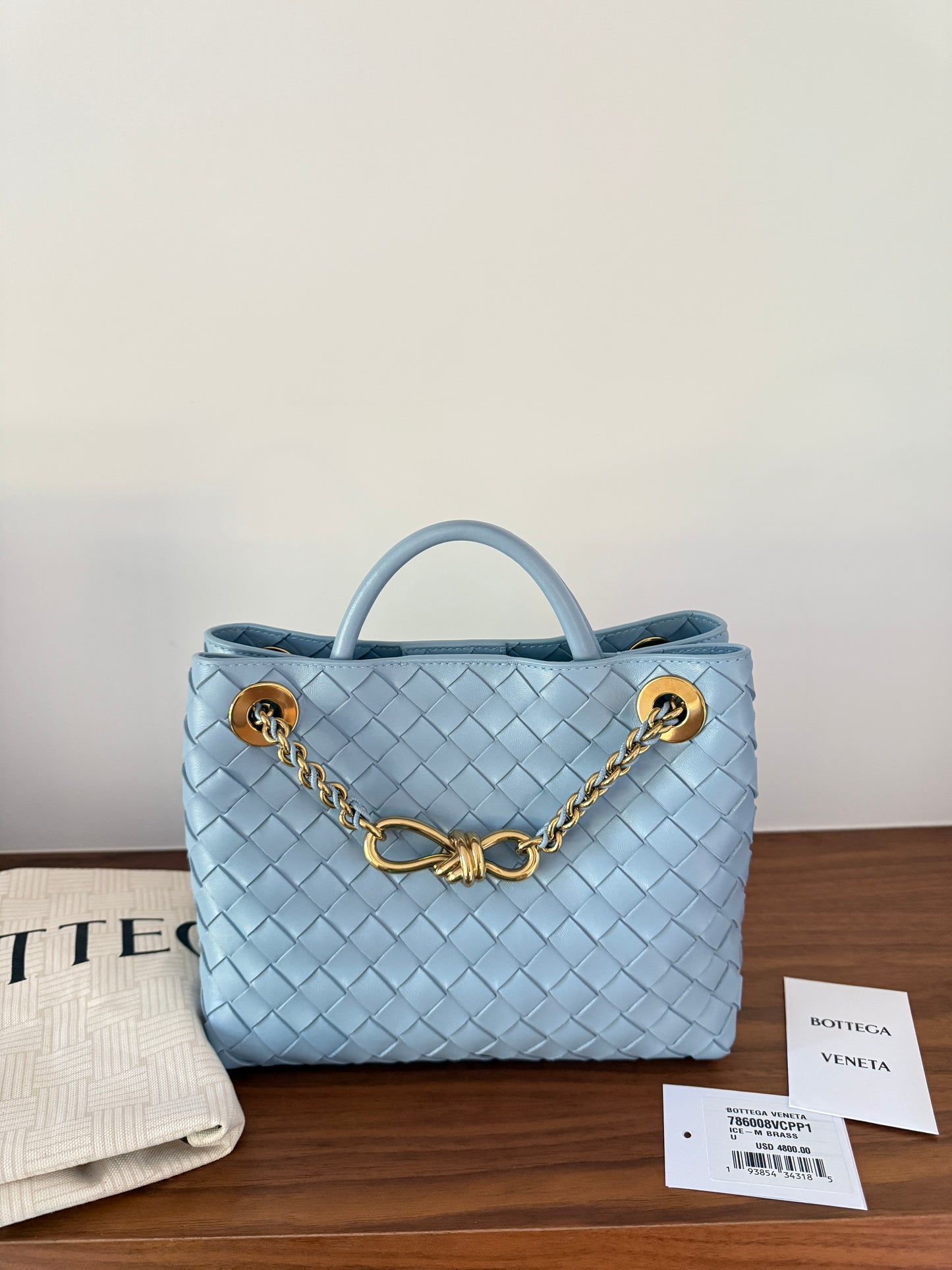 Bottega Veneta Andiamo Light Blue Woven Shoulder Bag in Small