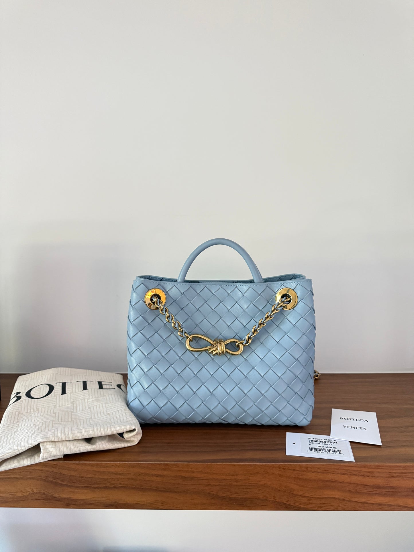 Bottega Veneta Andiamo Light Blue Woven Shoulder Bag in Small