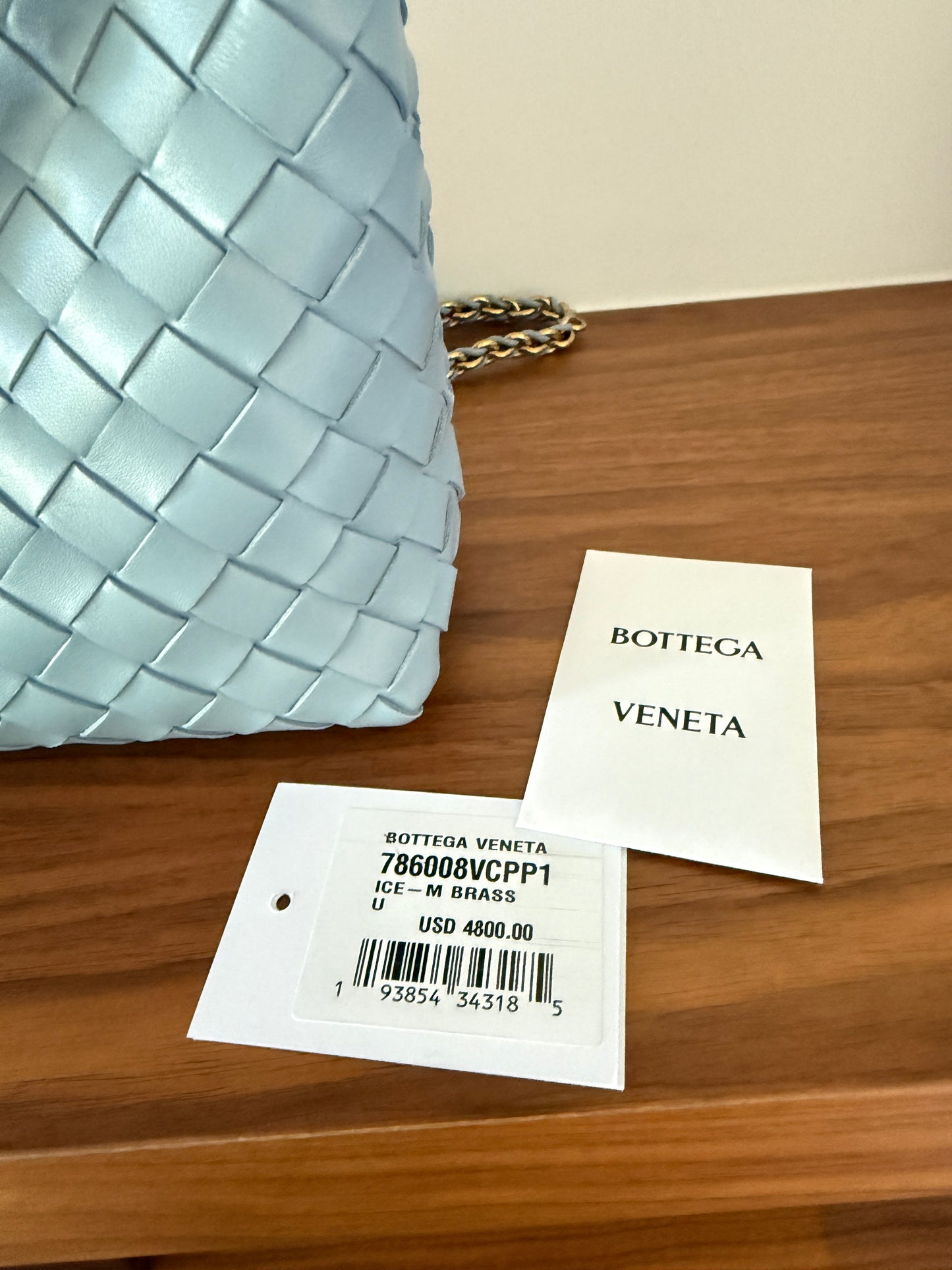 Bottega Veneta Andiamo Light Blue Woven Shoulder Bag in Small