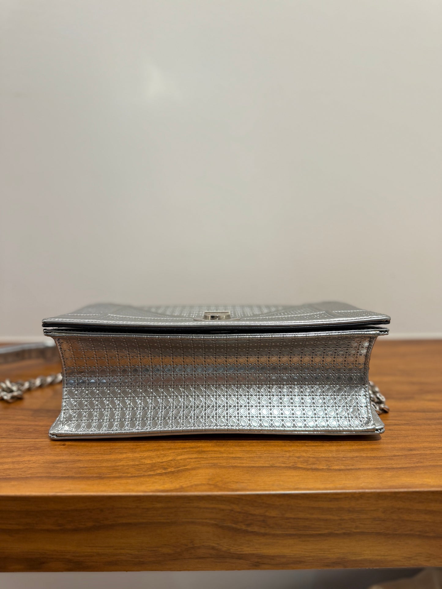 Christian Dior Metallic Patent Micro-Cannage Medium Diorama Flap Bag Silver