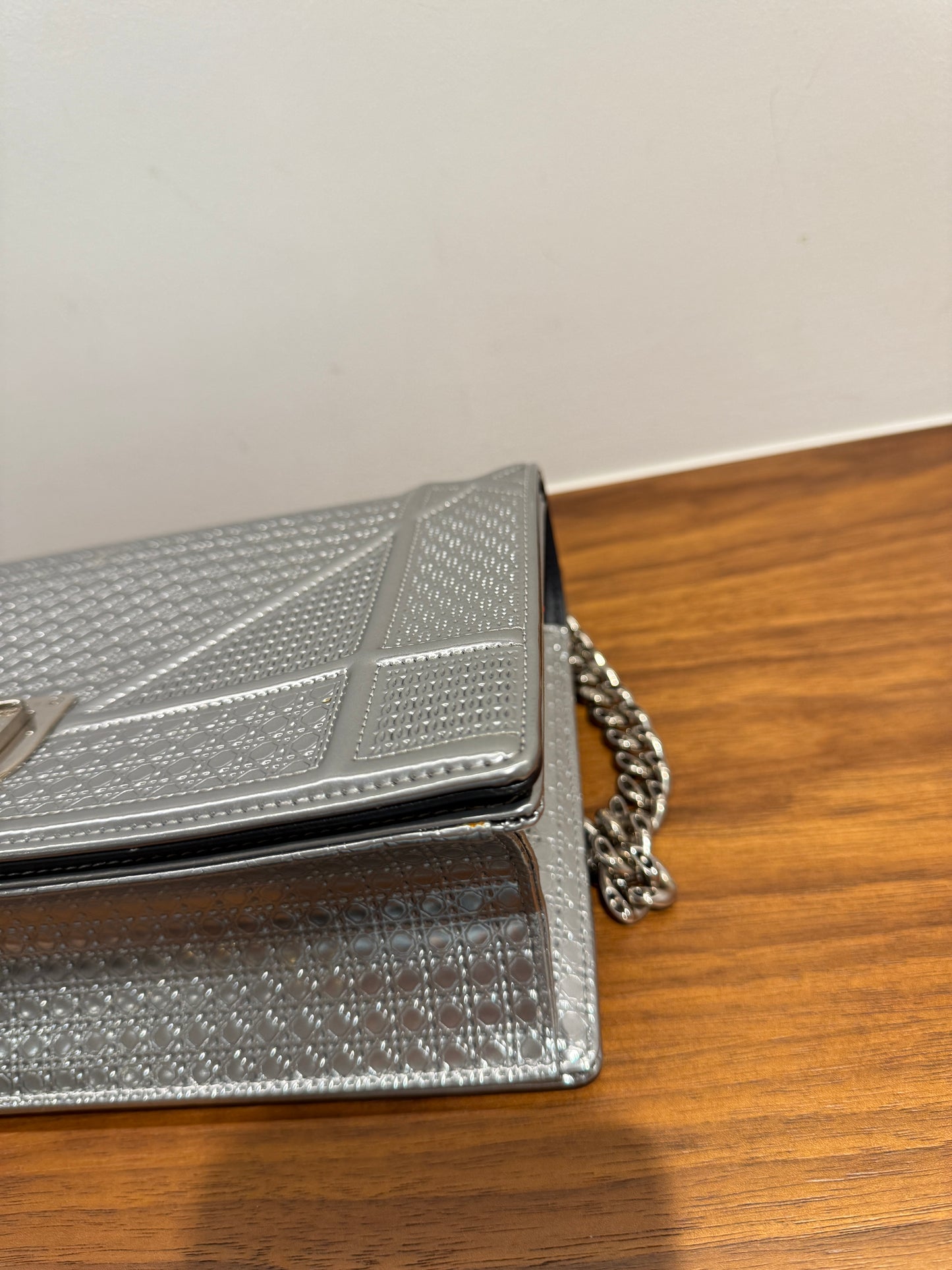 Christian Dior Metallic Patent Micro-Cannage Medium Diorama Flap Bag Silver