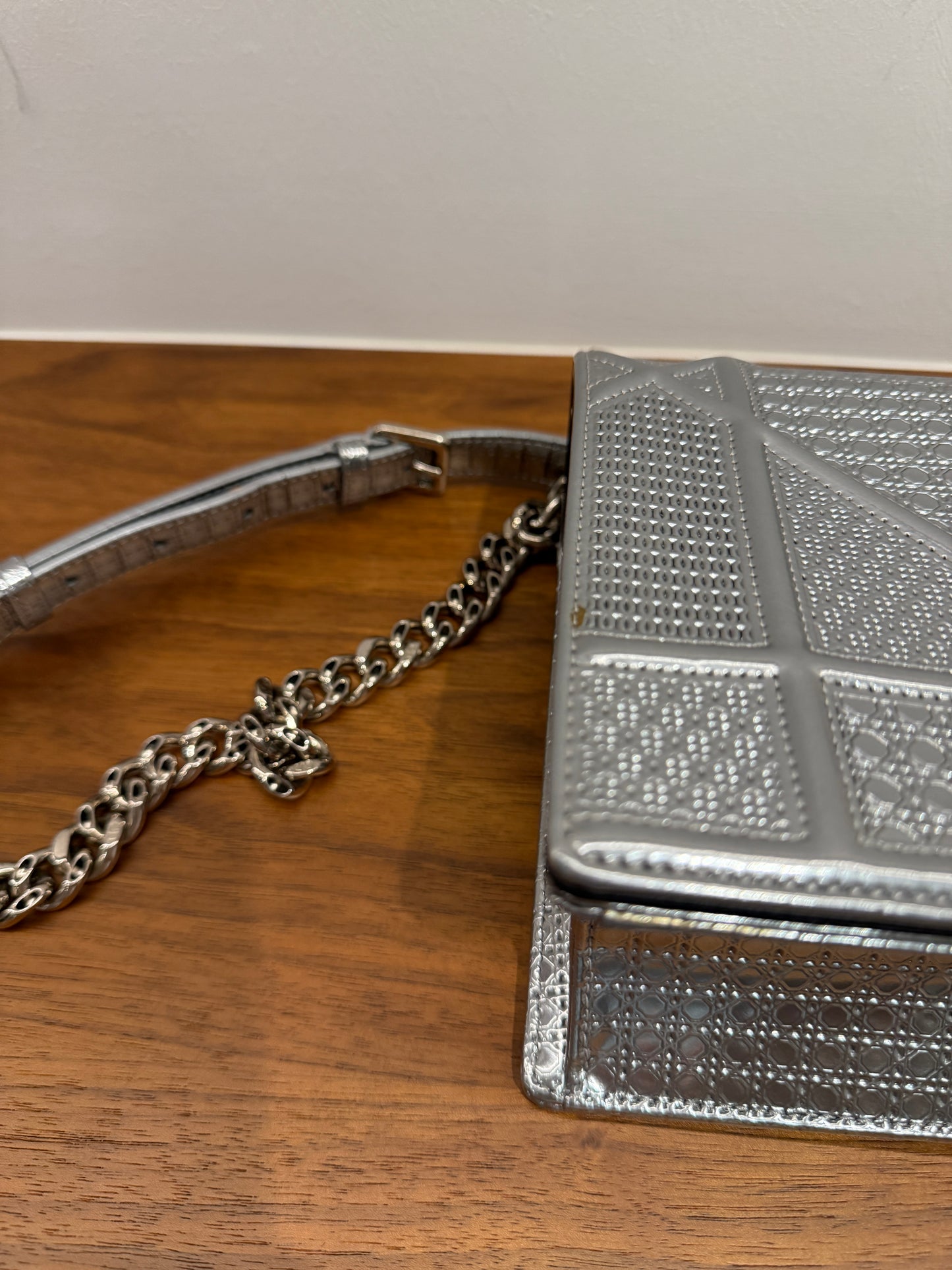 Christian Dior Metallic Patent Micro-Cannage Medium Diorama Flap Bag Silver