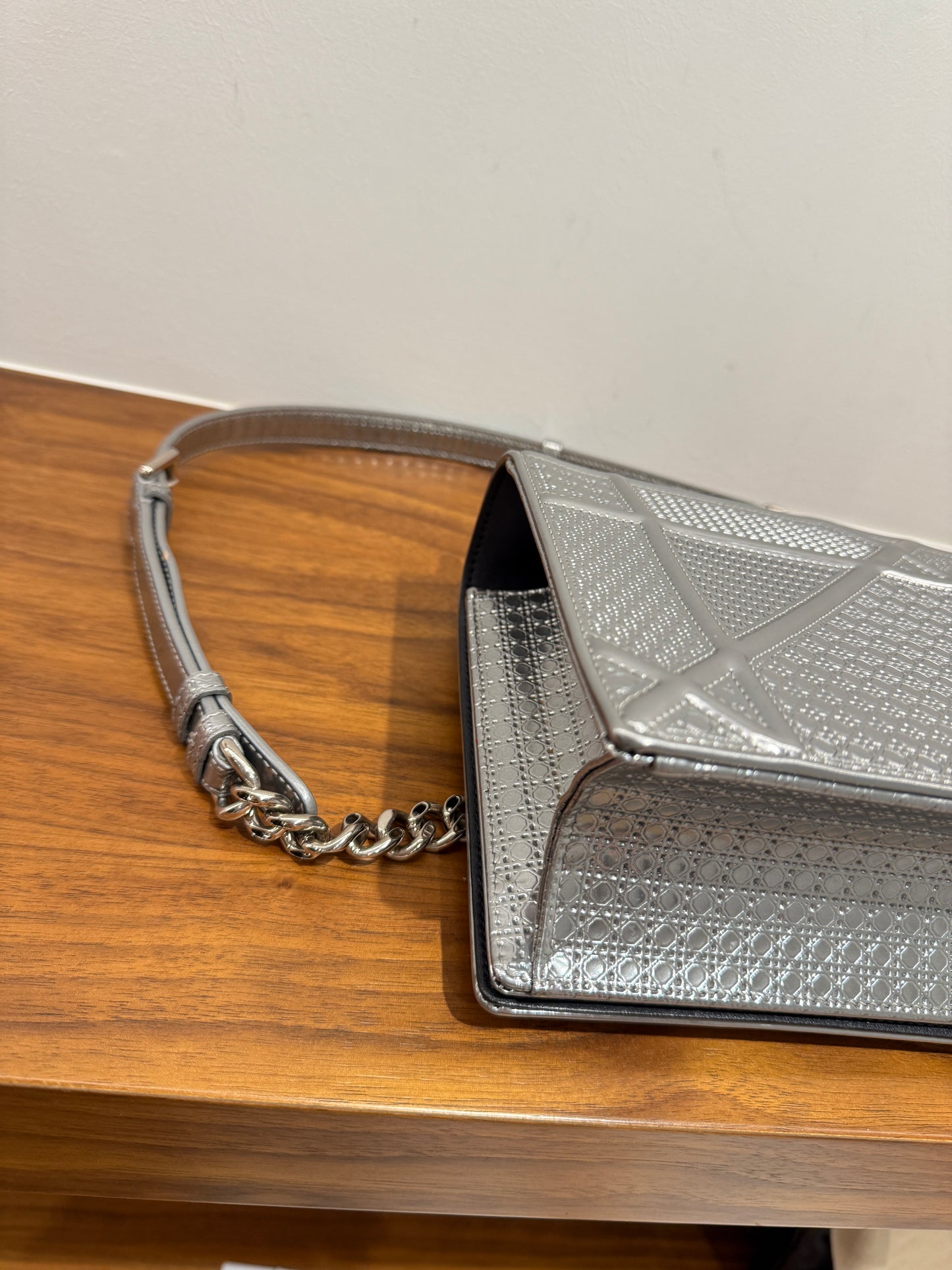 Christian Dior Metallic Patent Micro-Cannage Medium Diorama Flap Bag Silver