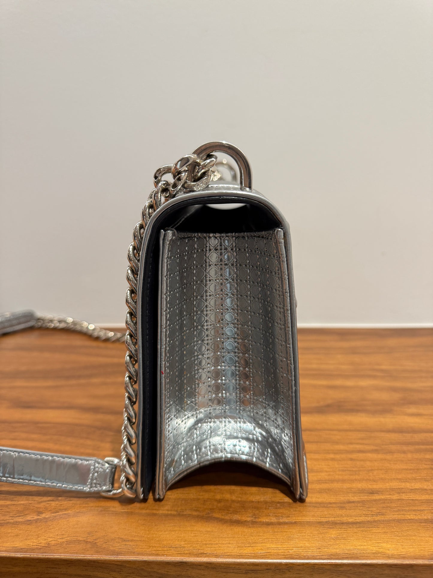 Christian Dior Metallic Patent Micro-Cannage Medium Diorama Flap Bag Silver
