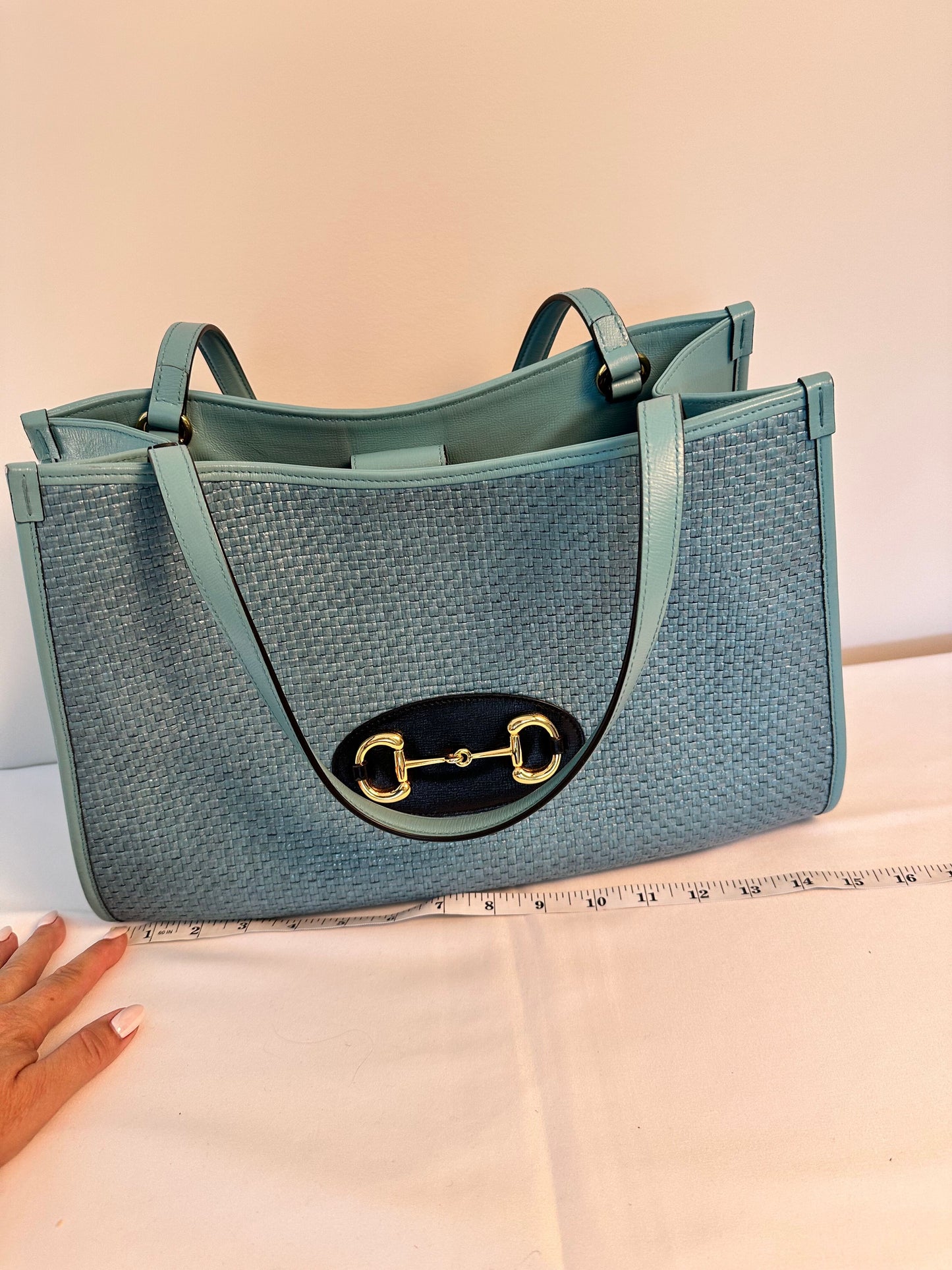 Gucci Horsebit 1955 Raffia & Leather Tote in Blue