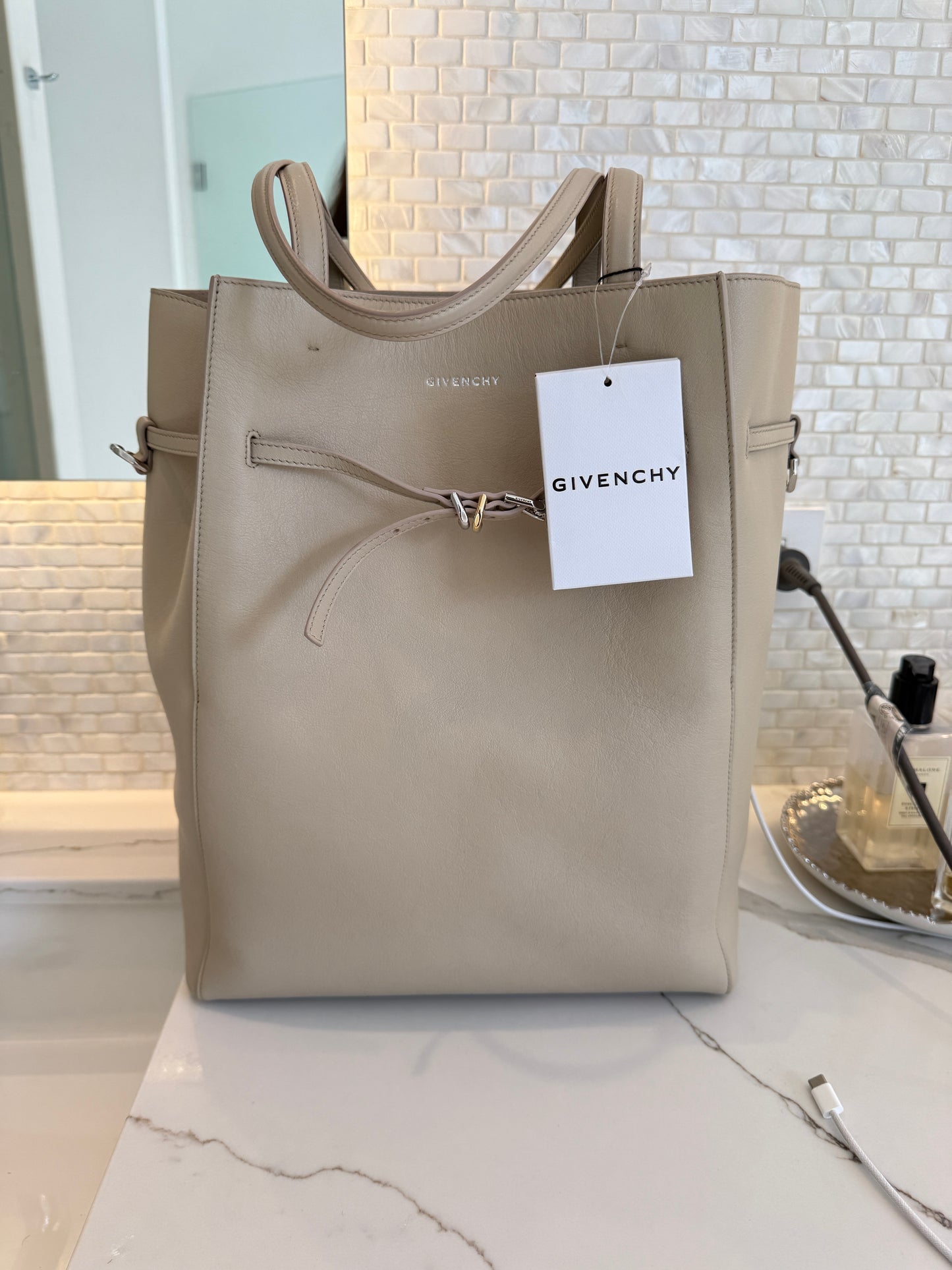 Givenchy Calfskin Voyou Medium North South Tote Natural Beige